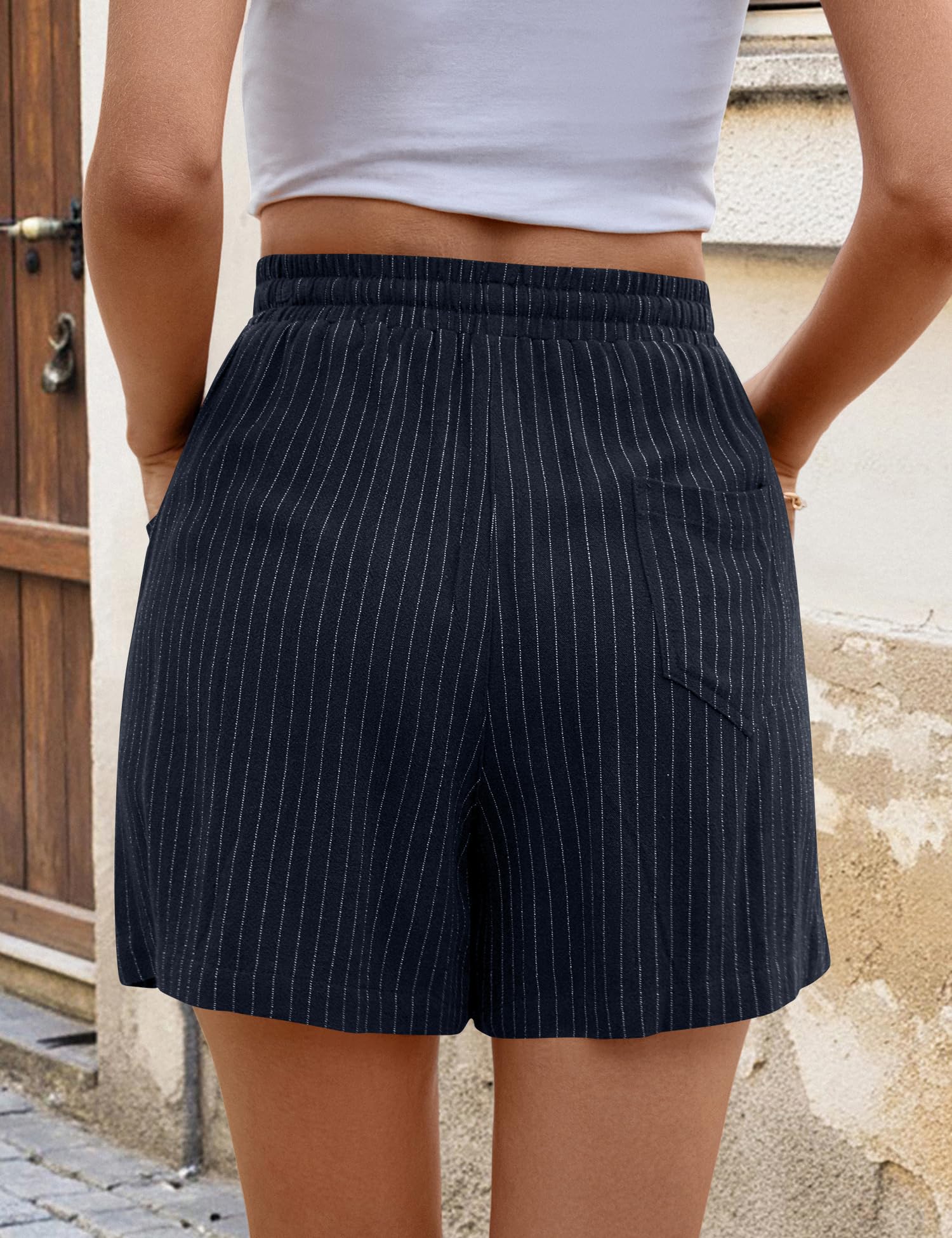 Rapbin Pantaloncini da donna estivi in lino e cotone, gamba larga, coulisse elastica in vita, pantaloncini casual con tasche