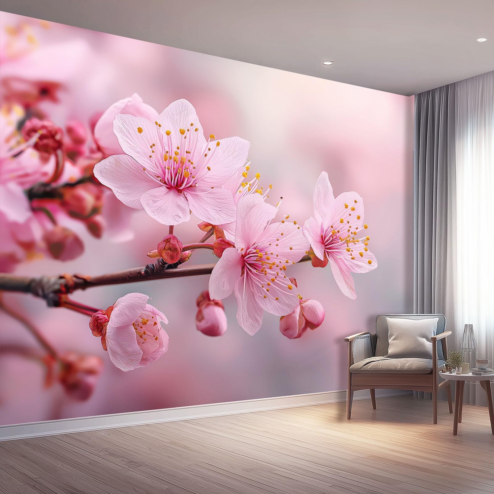 Tapeta z motywem, 250 x 175 cm, motyw kwiatów wiśni, wodoodporna, dekoracja ścienna do pokoju młodzieżowego i kącika gamingowego, różowa