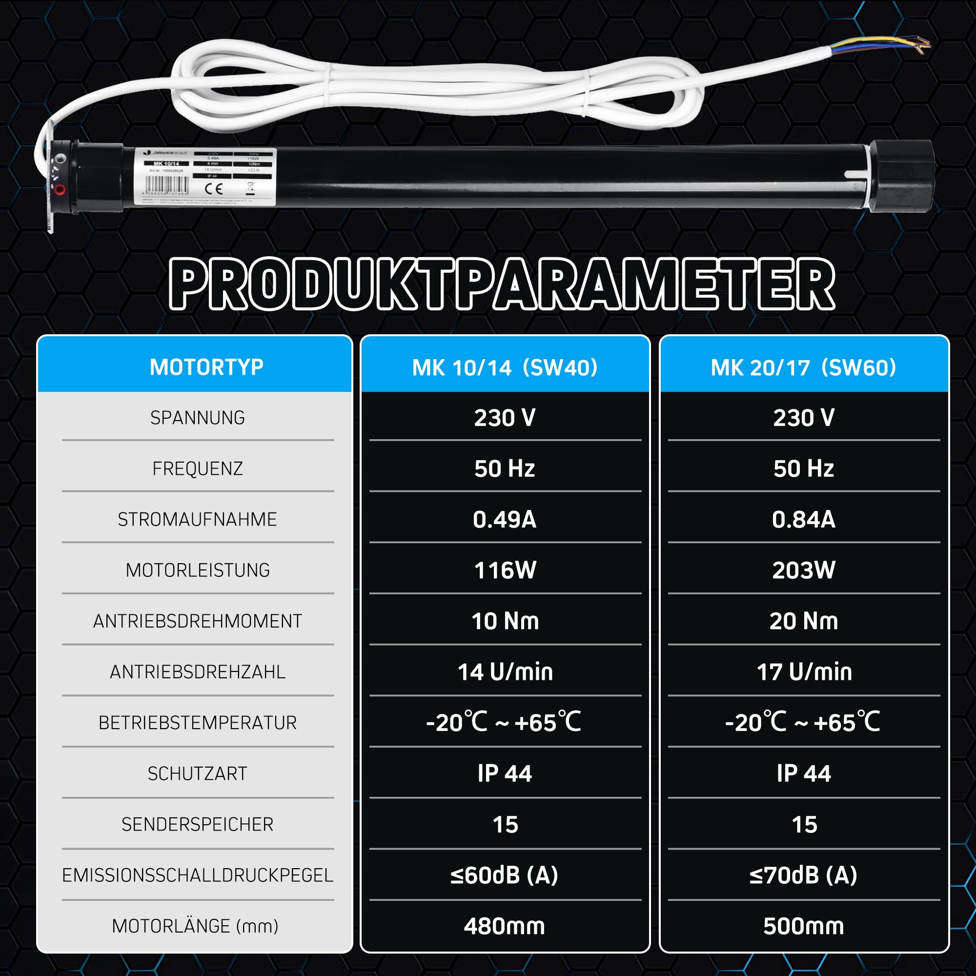 Jalousiescout Moteur de Volet Roulant Tubulaire MK 10/14 électromécanique 10 Nm, pour Arbre de Volet Roulant Octogonal de 40 mm (SW40), avec Fins de Course Mécaniques, Protection Contre La Surcharge