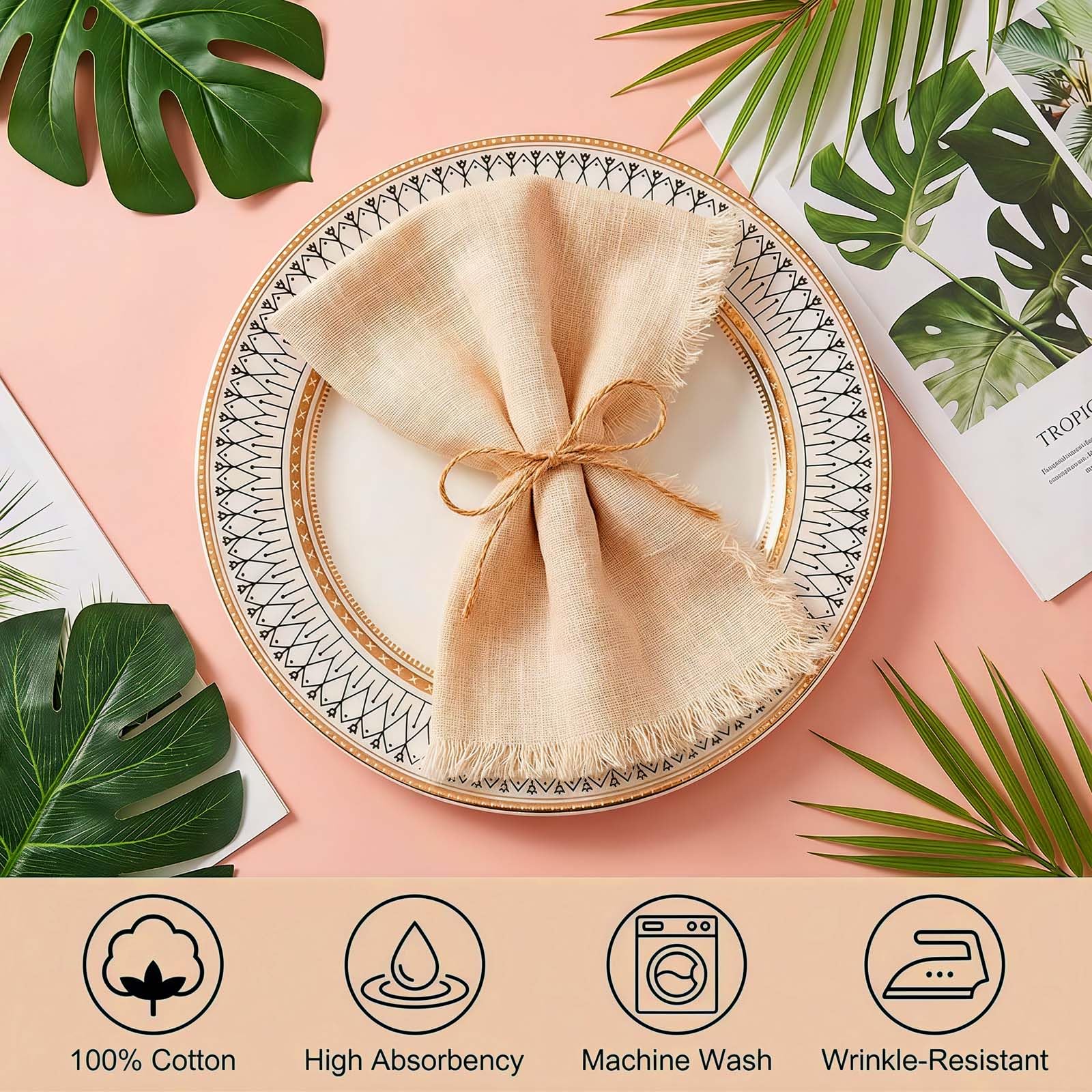 12 sztuk serwetek materiałowych beżowych z frędzlami, bawełna, serwetki lniane, muślin, serwetki wielokrotnego użytku, styl boho, z 10 m sznurkiem, dekoracja stołu, 42 cm, na imprezy, wesele
