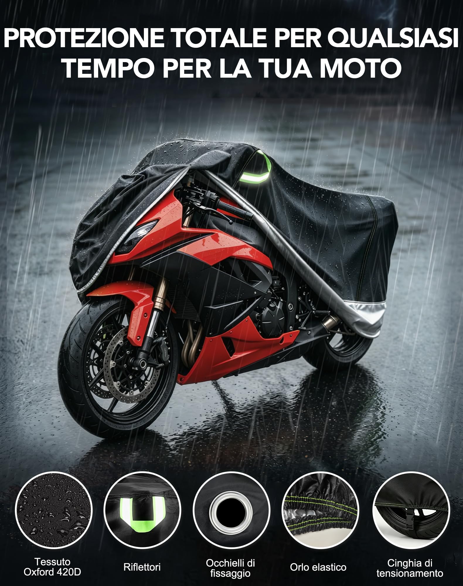 Homoto Telone di copertura per moto Oxford 420D, impermeabile, estremamente resistente agli strappi e ai raggi UV, per esterni e interni, protezione per tutte le condizioni atmosferiche, per tutte le