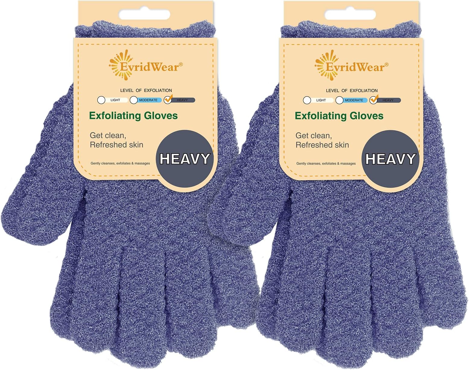 Evridwear Exfoliating Dual Texture Bath Gloves for Shower, Spa, Massage and Body Scrubs, Dead Skin Cell Remover, Gloves with Hanging Loop (2 Pairs Heavy)