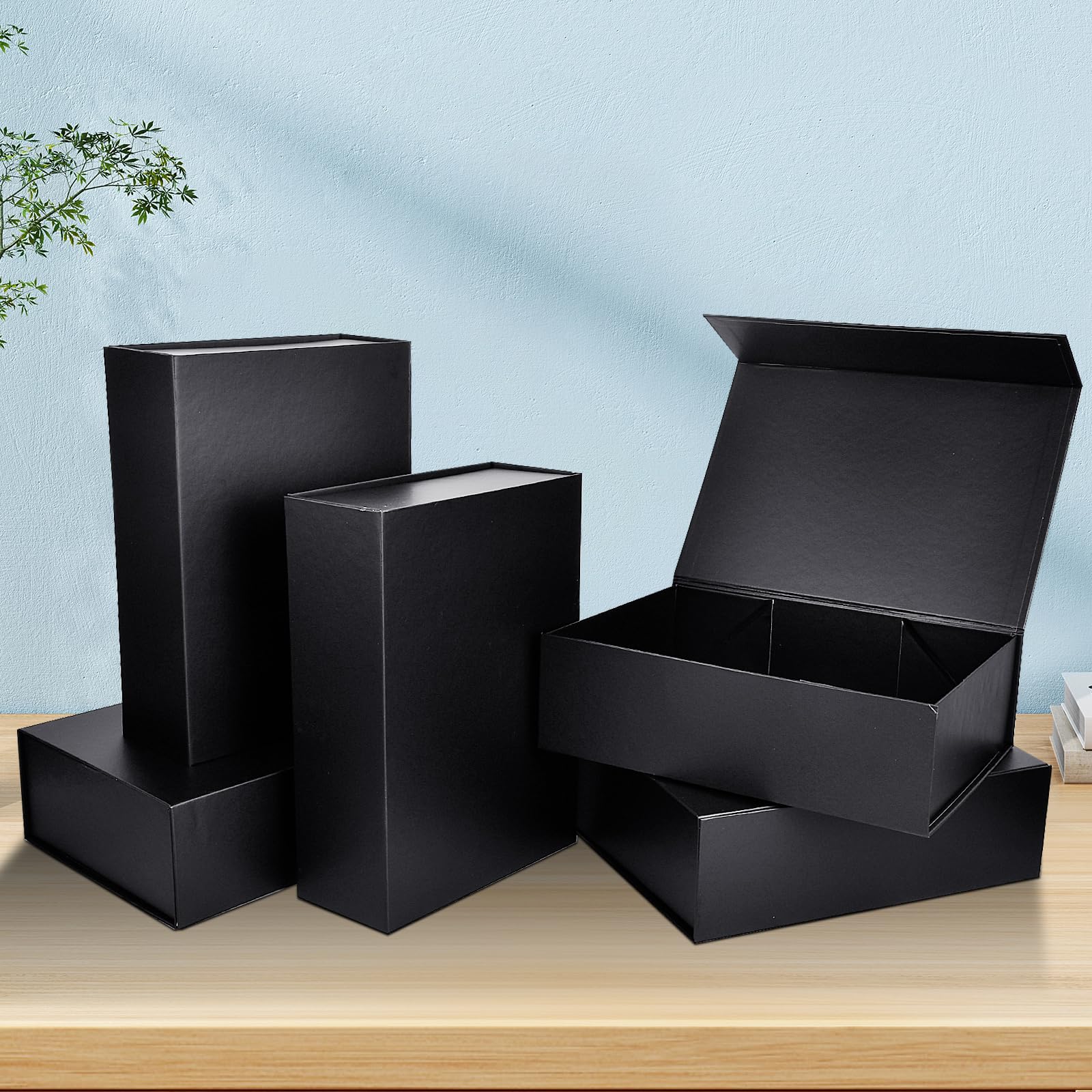 Boîte cadeau magnétique noire avec couvercles, 26 x 19 x 8 cm | Lot de 5 boîtes cadeaux pliées en carton pour anniversaire, mariage, Saint-Valentin, Noël, festivals – Assemblage facile
