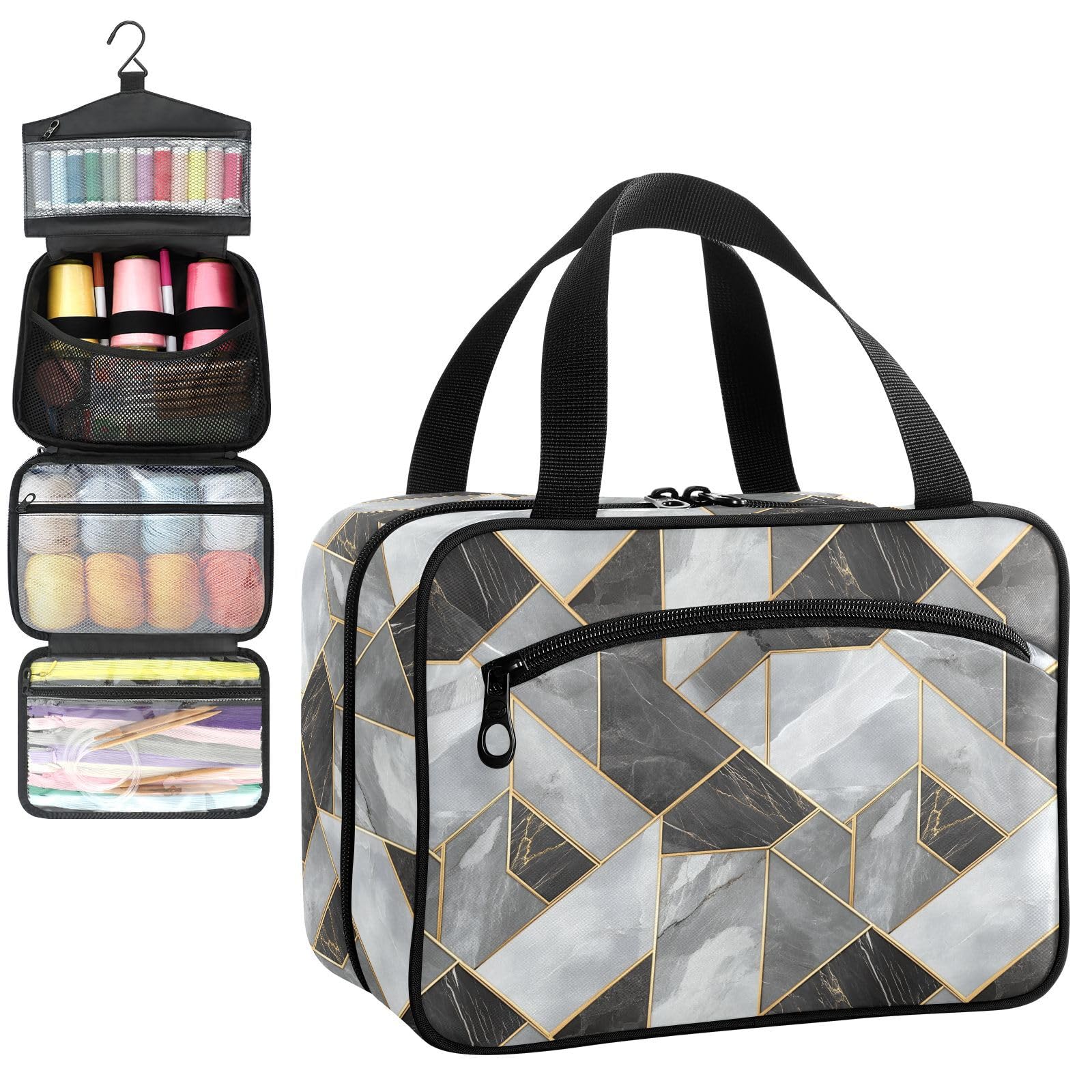 YNNALE Sewing Supply Organizer Bag, Geometric Golden Gray Marble Pattern Portable Sewing Bags with Pockets&Hanger, Sewing Storage Box Case for Sew Supplies/Kit/Tools/Accessories (BAG ONLY)