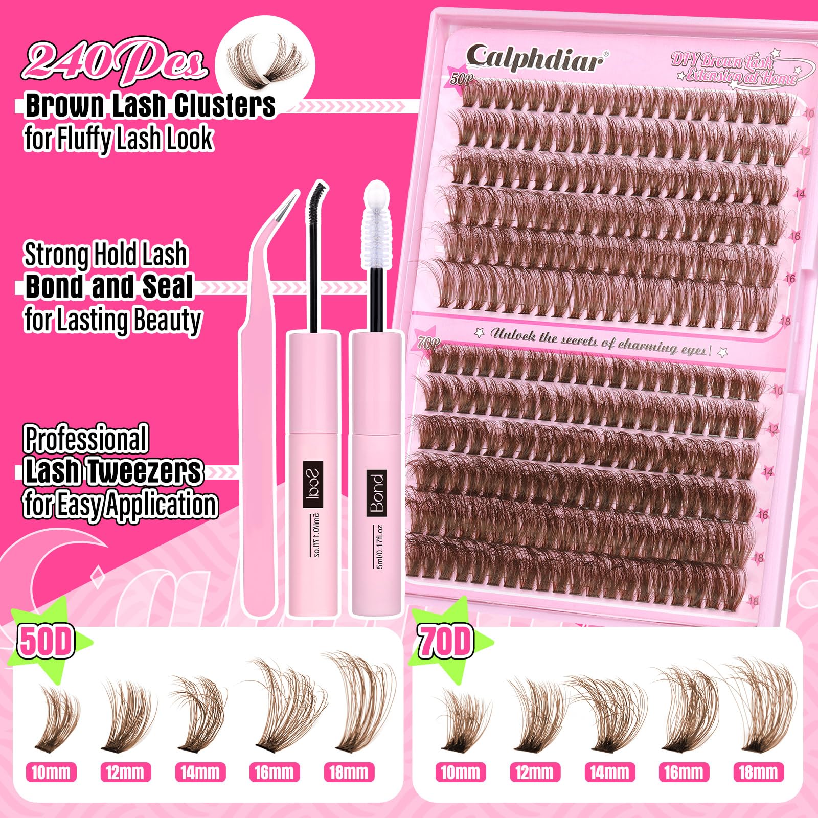 Brown Cluster Lashes Kit Fluffy Eyelashes Individual Kit D Curl Lashes Individual Cluster 10-18MM with Lash Bond and Seal Lash Tweezers Eyelash Extension Kit 50D+70D Brown Lash Cluster Kit DIY at Home - Image 3
