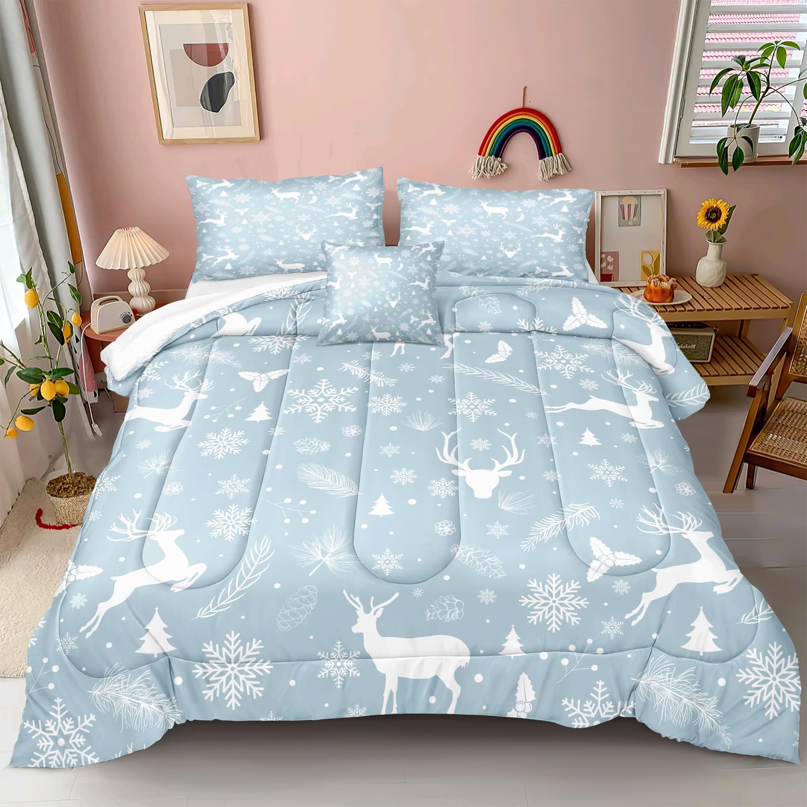 Blue Christmas Comforter Queen Snowflake Comforter Set Xmas Festival Theme Printed Christmas Deer Bedding Set 1 Comforter 2 Pillowcases 1 Cushion Cover (Queen, Christmas)