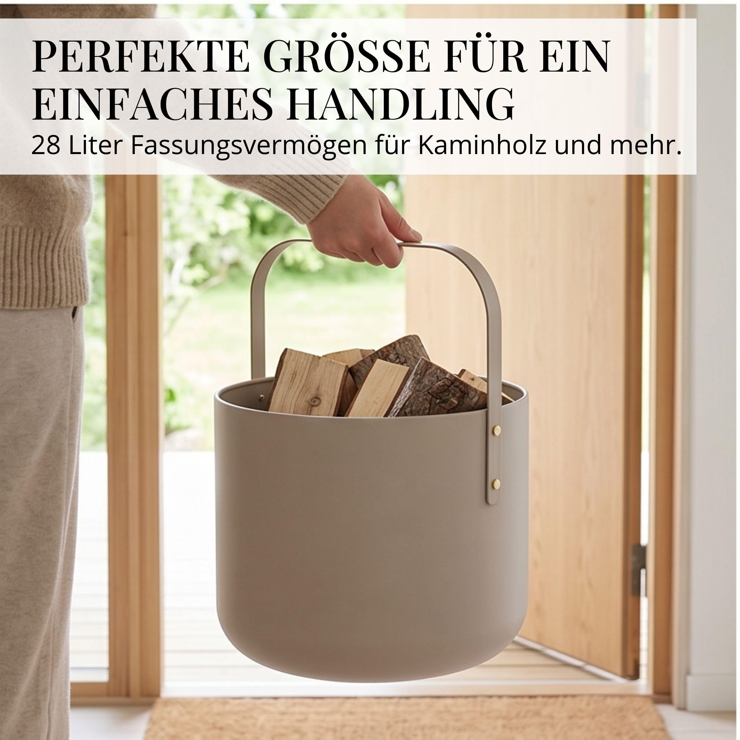 LIVLIG Design Kaminholzkorb Metall, Holzkorb für Kaminholz mit Henkel, Großer Korb für Kaminholz 36 x 44 cm, Brennholzkorb als Kaminzubehör, Aufbewahrungskorb in Matter Optik, Beige