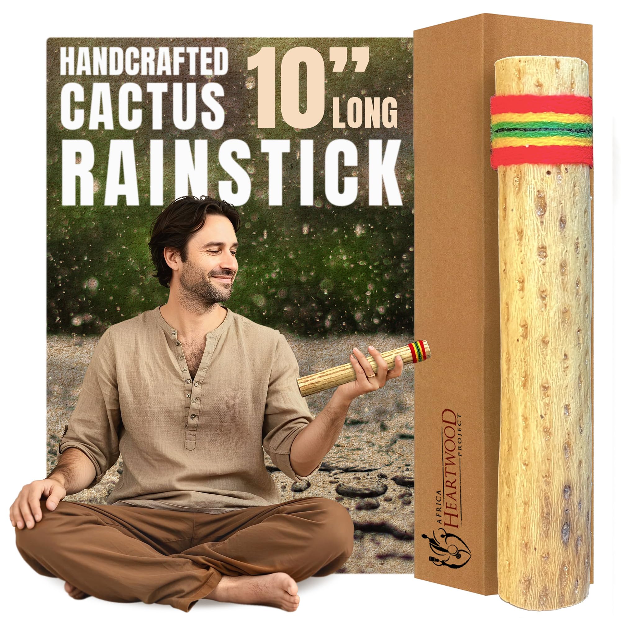 Africa Heartwood Project 10" Cactus Rainstick from Chile - Authentic Handcrafted Rain Stick Musical Instrument with Rasta Yarn Wrap and Durable Sealant