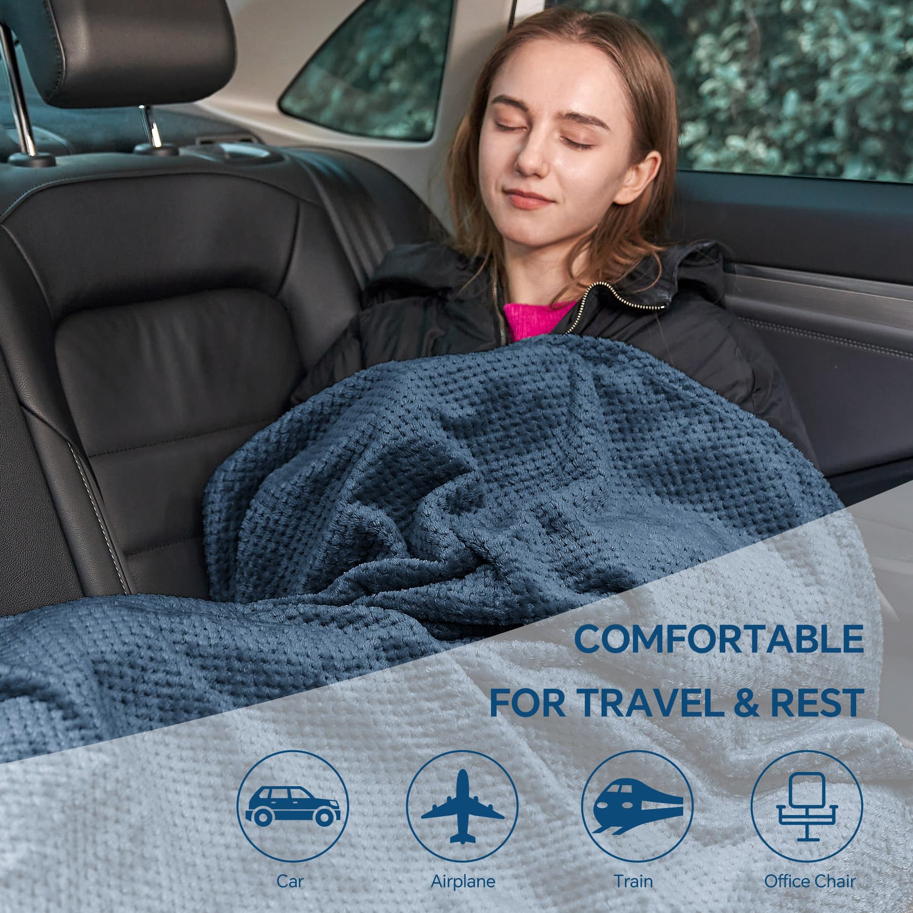 BEDELITE Travel Blanket with Bag, Jacquard Fleece Blanket 65"x40", Navy view 7