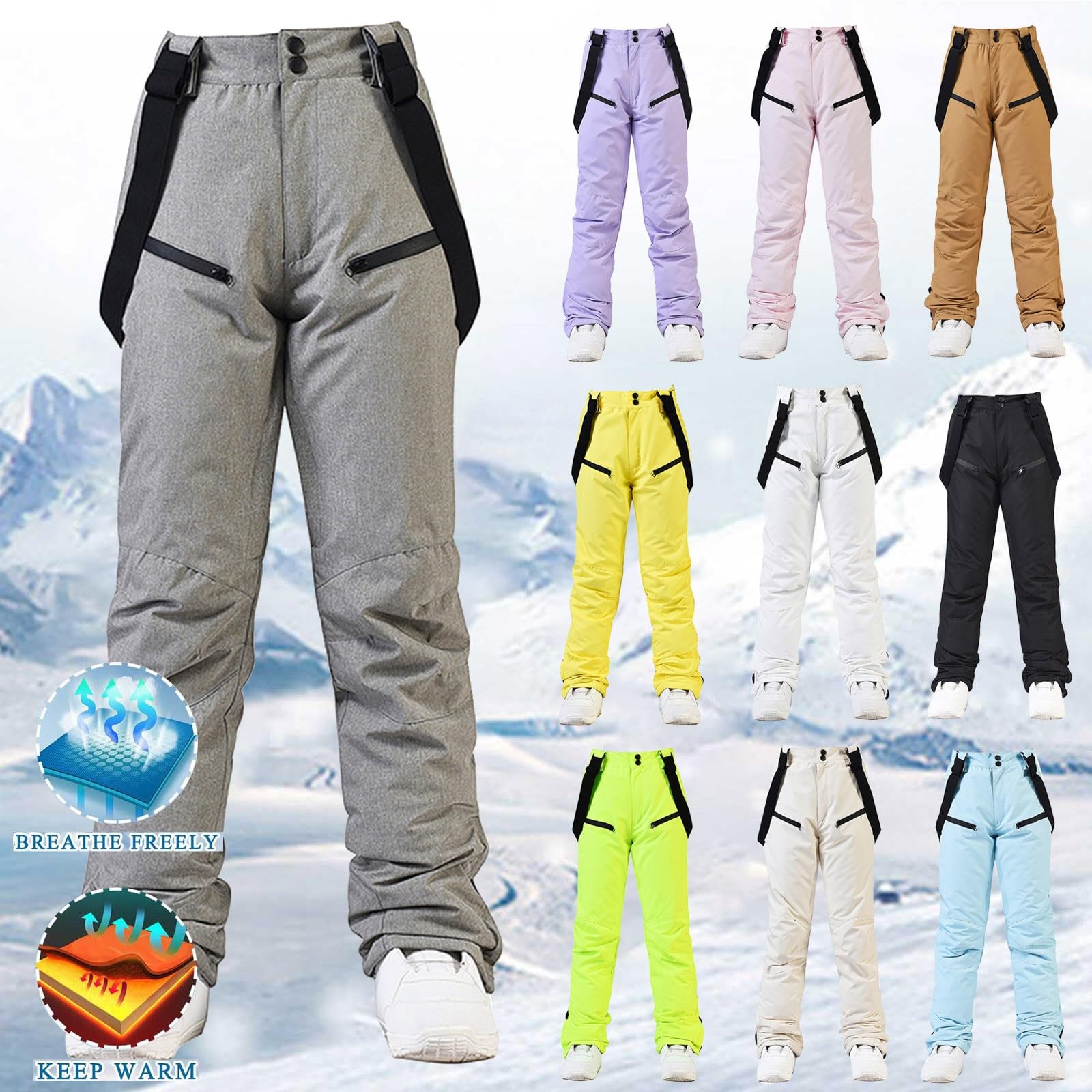 Pantaloni invernali da donna, impermeabili, da neve, invernali, caldi, da snowboard, da sci, con bretelle, grandi dimensioni, per attività all'aria aperta, da sci, da trekking, in softshell