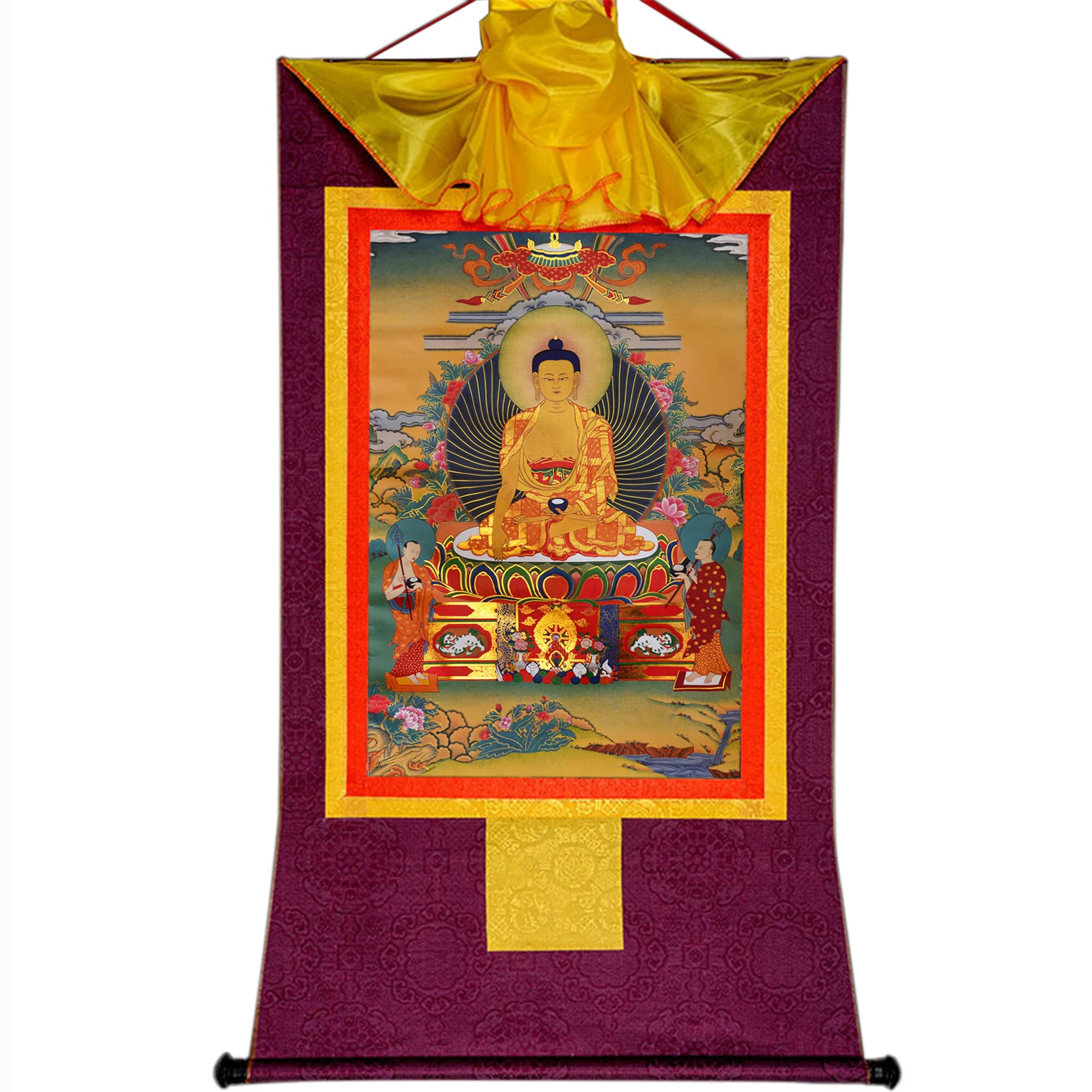 Gandhanra Tibetan Buddhist Thangka Wall Hanging,Shakyamuni Thangka,Hot Stamped Brocade Buddhist Tapestry for Zen Home Decor, Meditation, Spiritual Relaxation