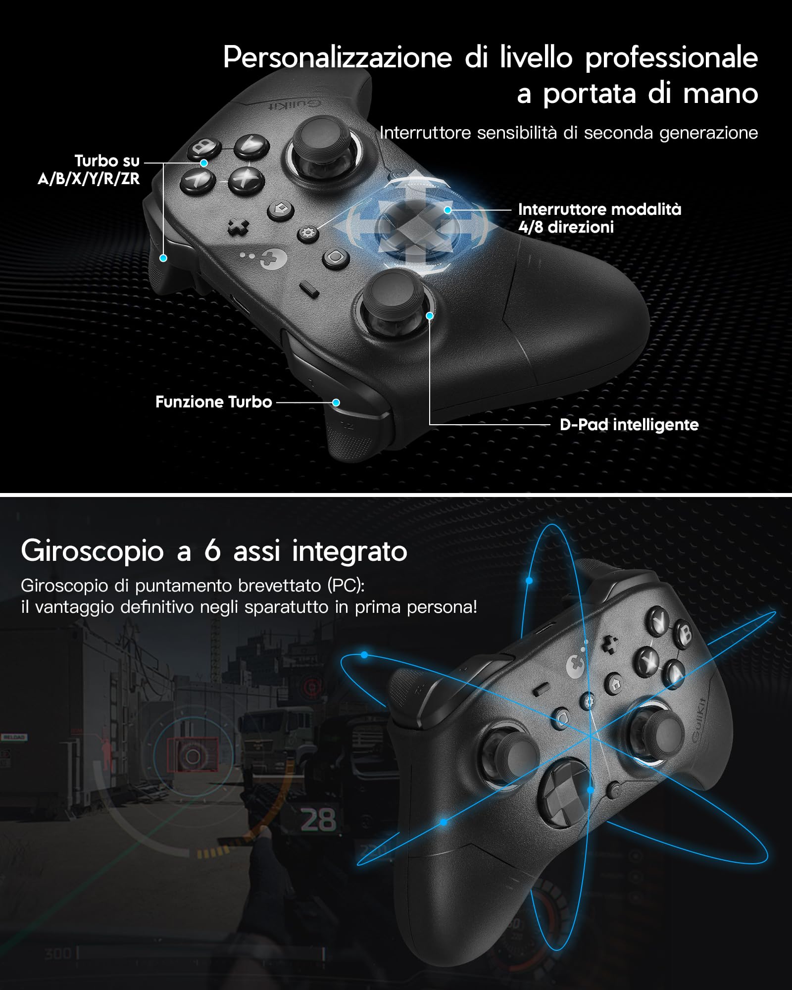 GuliKit ES PRO Controller Wireless per PC Switch 1/2 Android – Il Controller più Veloce con Latenza di 3,25 ms, Joystick TMR, 30 ore di Autonomia della Batteria e Funzione di Riattivazione