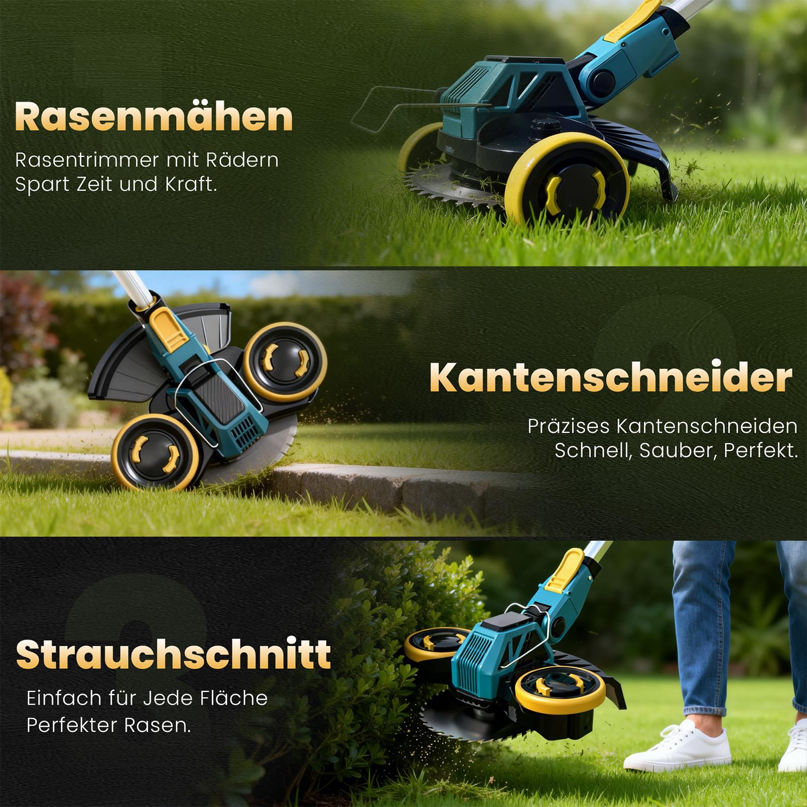Rasentrimmer mit Akku und Unkrautbürste, Akku Rasentrimmer für Makita-Akkus mit 4 Klingentypen und 2X4.0Ah Akkus, 21V Bürstenlose Freischneider Akku für Garden Trimmen (Blau) - 3