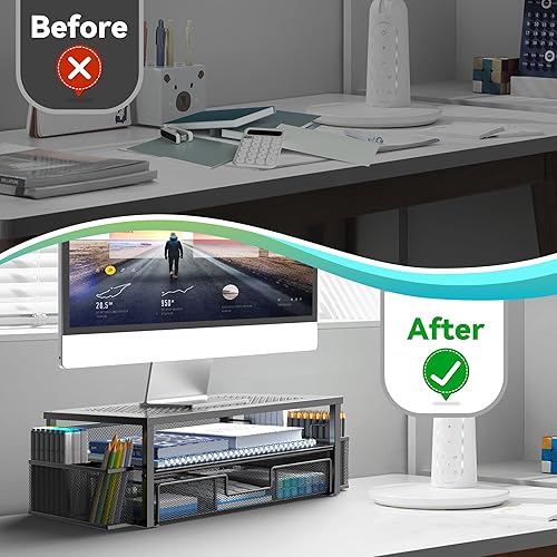 Miniatura 6 de Soportes para monitor de computadora de 2 niveles con cajón y 2 soportes para lápices, soporte de monitor de metal, accesorios de escritorio de