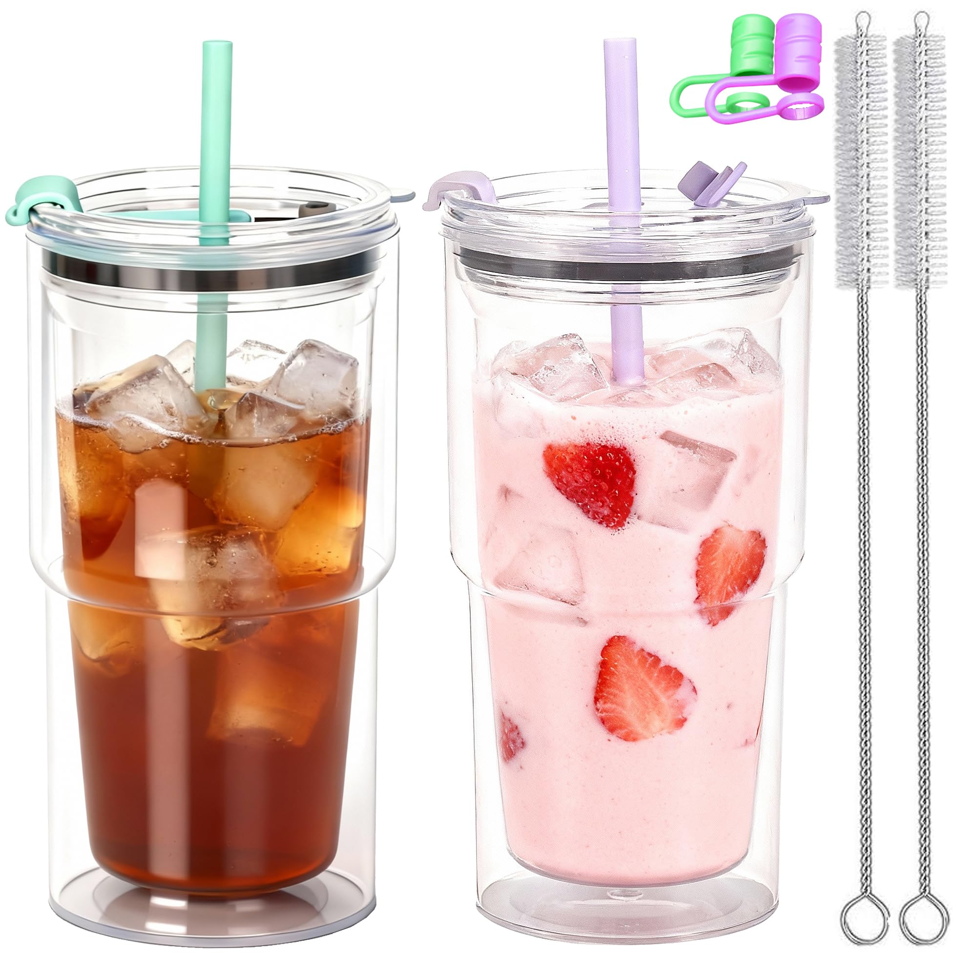 CuppaLifes 510ml Plastic Cups with Lids and Straws, Double Wall Reusable Coffee Cup, Translucent Travel Mug for Hot Drinks (2, Light Green, Purple)