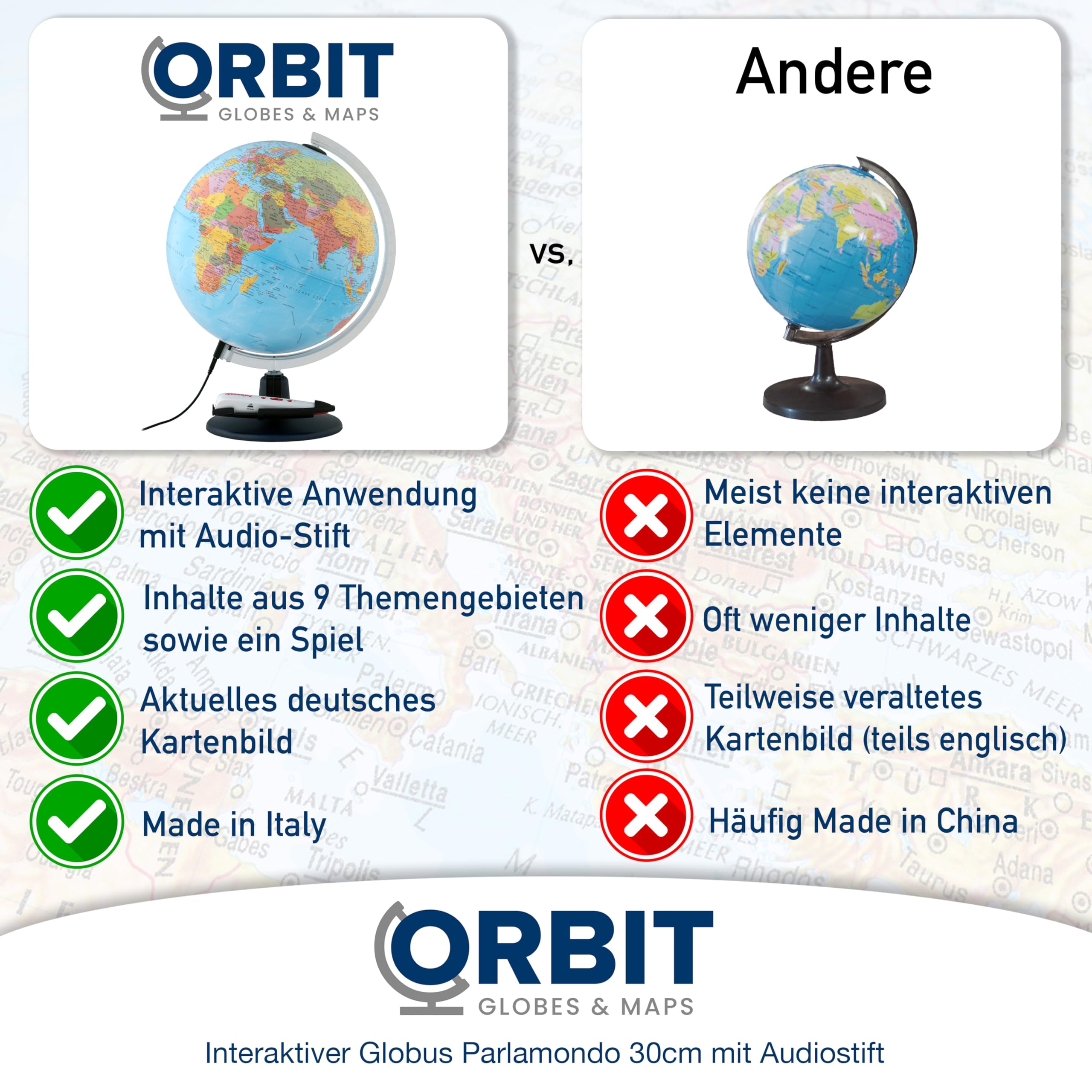ORBIT Globes & Maps - Interaktiver Audio-Leuchtglobus mit dem Audio-Stift, 30 cm Globus mit stabilem Kunststofffuß, Stifthalterung, deutsches Kartenbild von 2026, USB 5Volt Anschluss