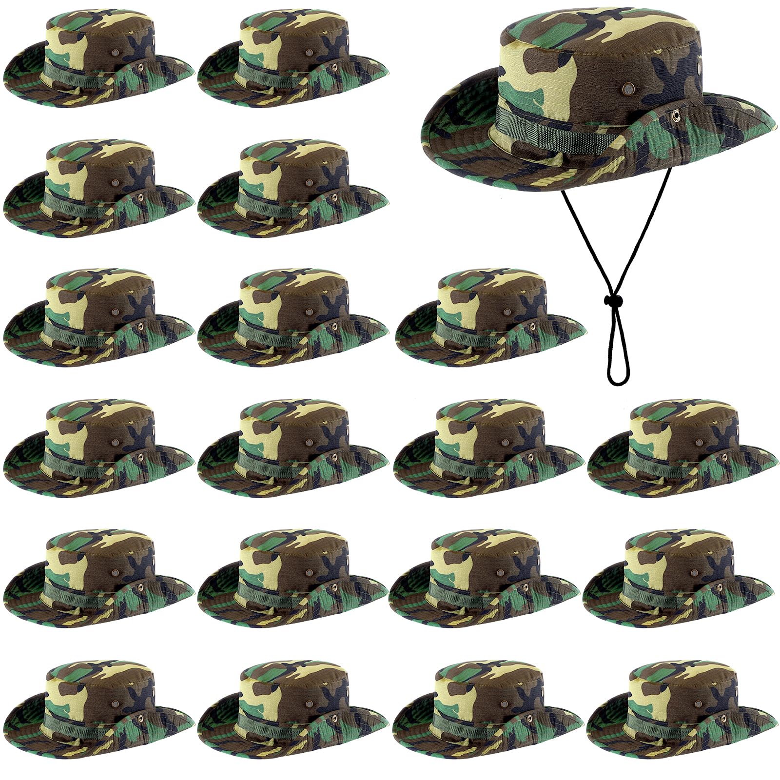Xtinmee 20 Pcs Boonie Hat Bulk Wide Brim Hat Safari Hats Summer Outdoor Sun Hat for Hiking Camping with Adjustable Strap, Woodland Camo, One size