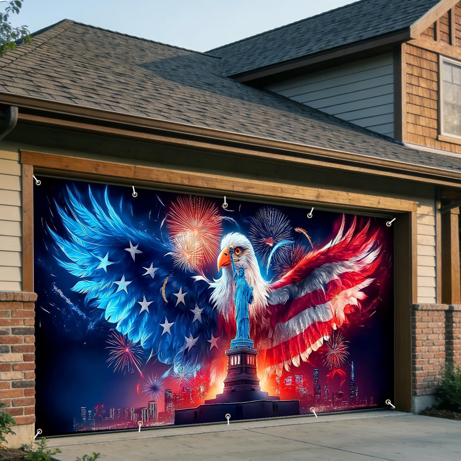 ANNA QUEEN 7x16 FT Bald Eagle American Flag Garage Door Banner,Large Patriotic Garage Door Cover with Statue of Liberty,USA Flag Outdoor Backdrop for Double Garage,Independence Day Memorial Day Veterans Day 4th of July Decor