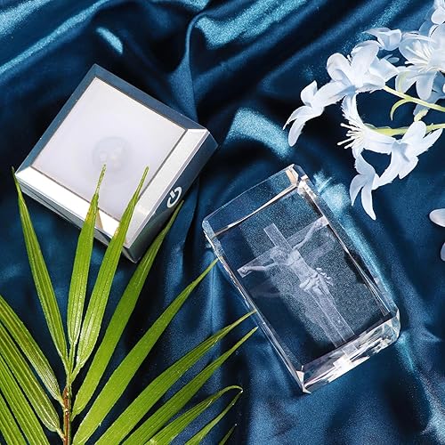 Miniatura 5 de YWHL Figura de cruz de Jesús 3D con base de luz colorida, crucifijo grabado con láser, regalo religioso para mujeres amigas, decoración de cruz