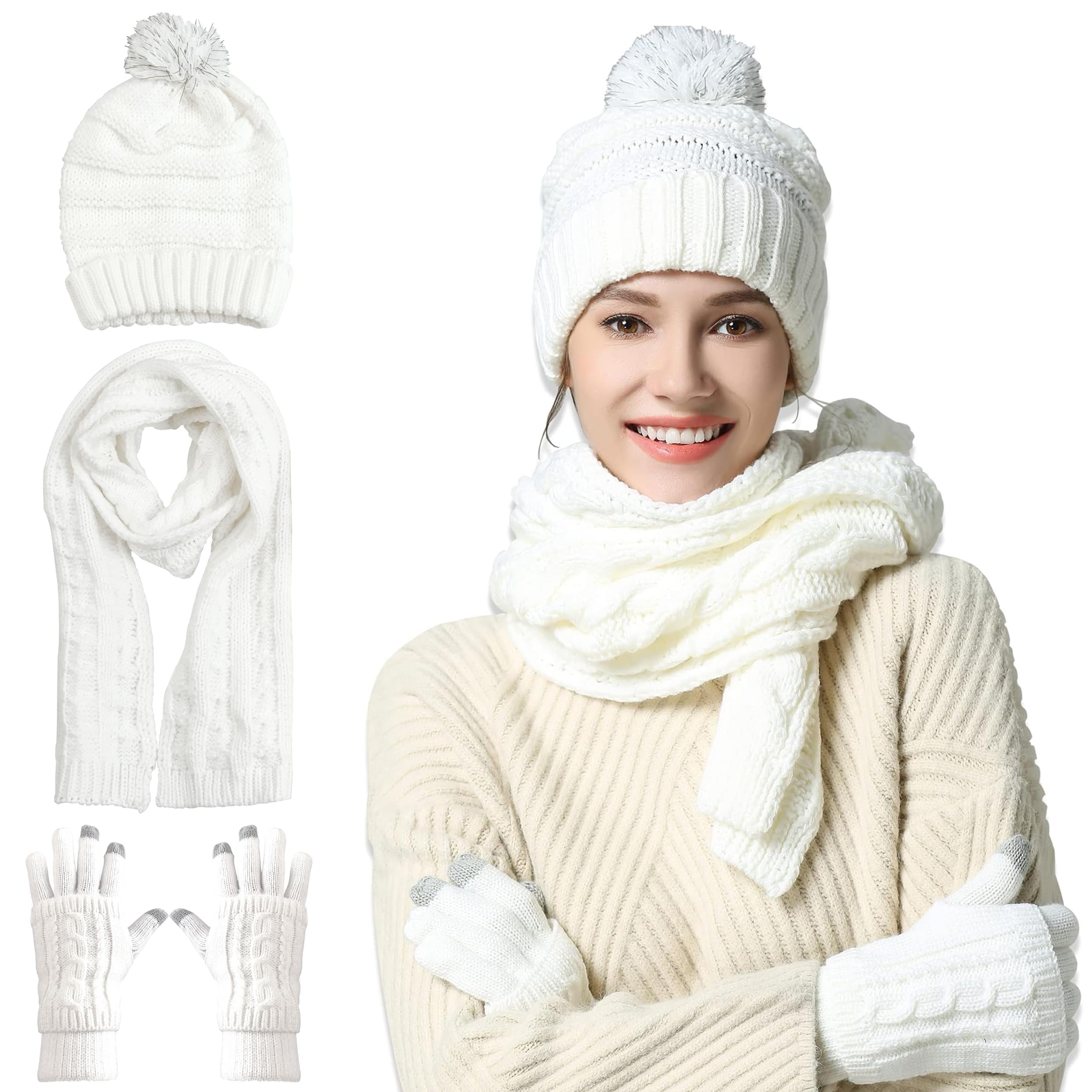 OROOTL Mütze, Schal & Handschuh Sets für Damen Winter, Touchscreen-Handschuhe Bommelmütze Handschuh Gestrickt Beanie Schnee Hut Warme Winterset 3 IN 1 für Mädchen, Frauen