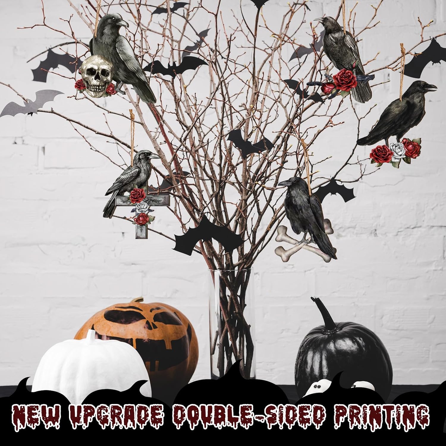 Bencailor 24 Pcs Gothic Hanging Ornaments Black Wooden Double-Sided Printing Crow Gothic Decor Crow on Skull Head Sign for Xmas Holiday Party Lawn Yard Tree Decor