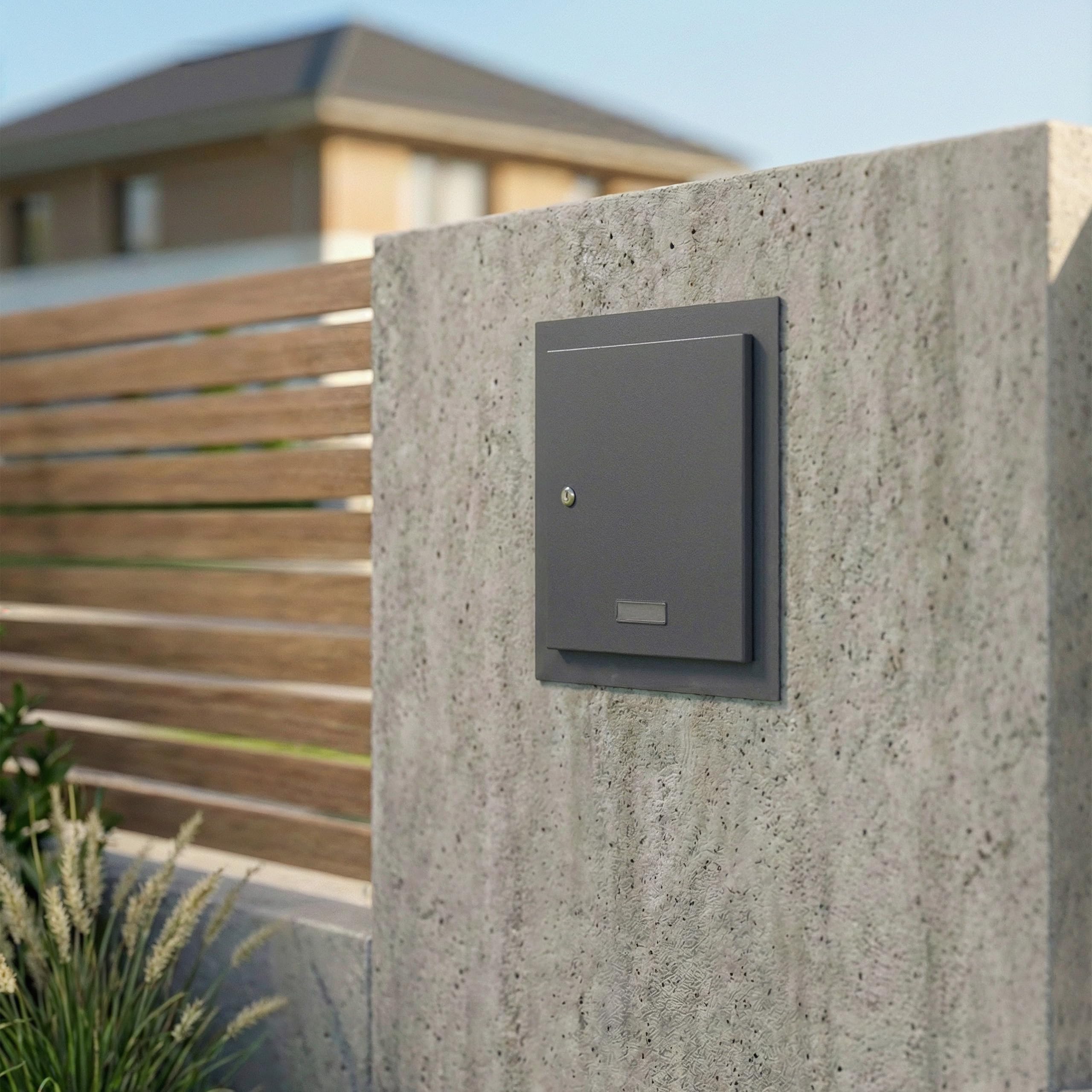 Sillar Buzón Empotrado en Pared Antracita con Placa para el Nombre | Caixa de Correo Exterior de Acero Galvanizado con Marco de Cobertura | Tapa Doble | 33 x 35 x 19-26 cm | Cerradura y 4 Llaves