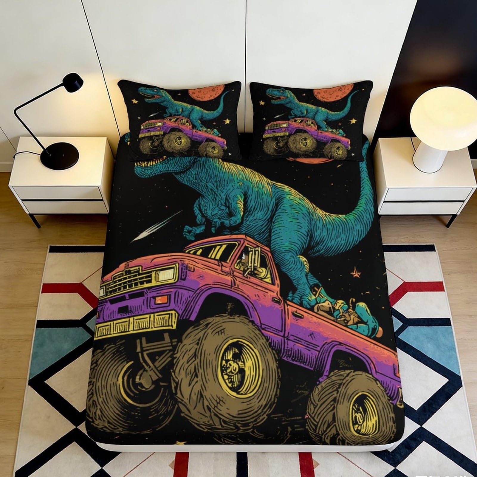 3D Printed Dinosaur Monster Truck Fitted Sheet Microfiber Soft Breathable Bed Cover for Bedroom Dorm Decor 90x200x25cm