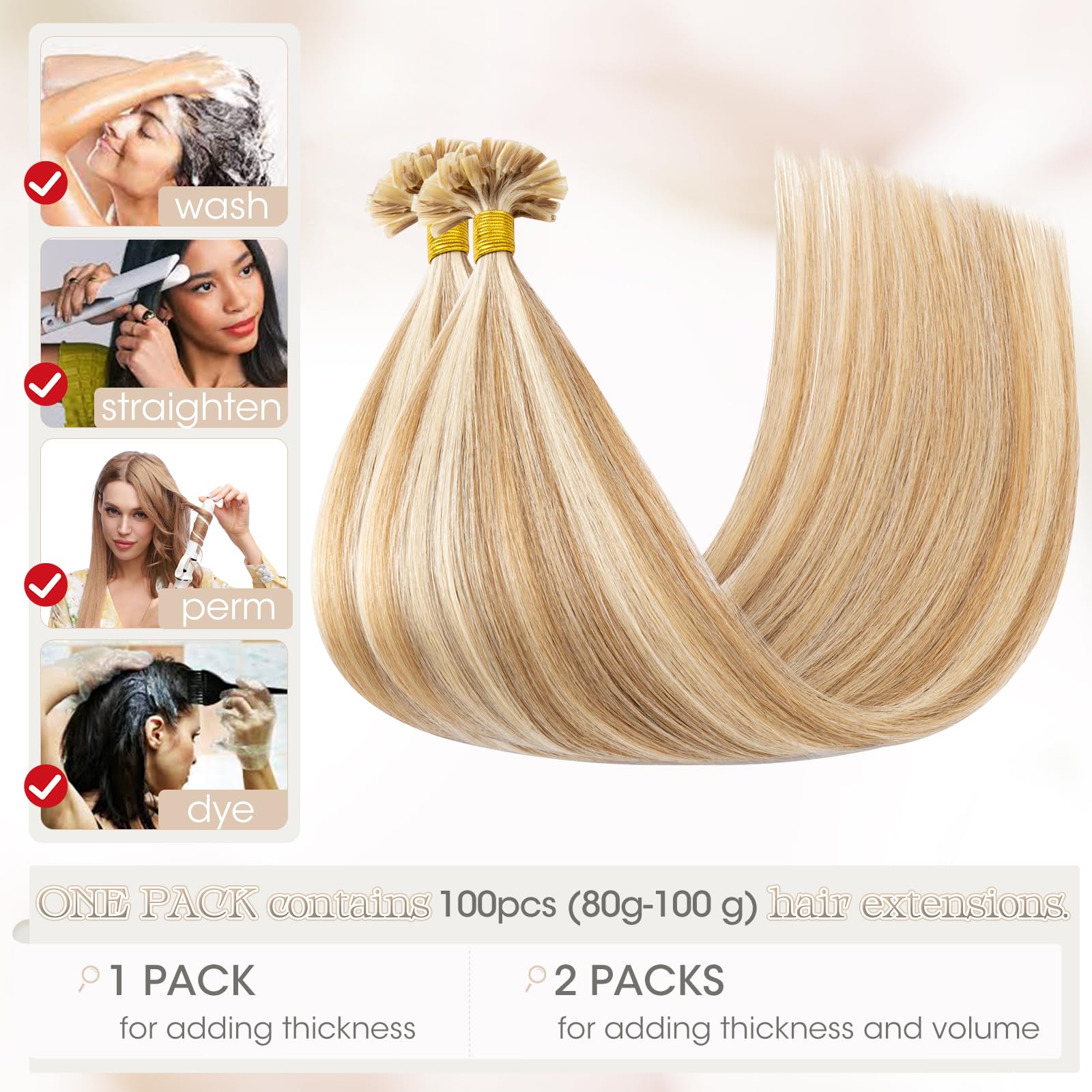 Elailite Extensions Echthaar Bonding 1g/s 45cm #12P613 Weissbraun/Hellblond U Tip Hair Extensions Haarverlängerung Keratin 100 Strähne 100g