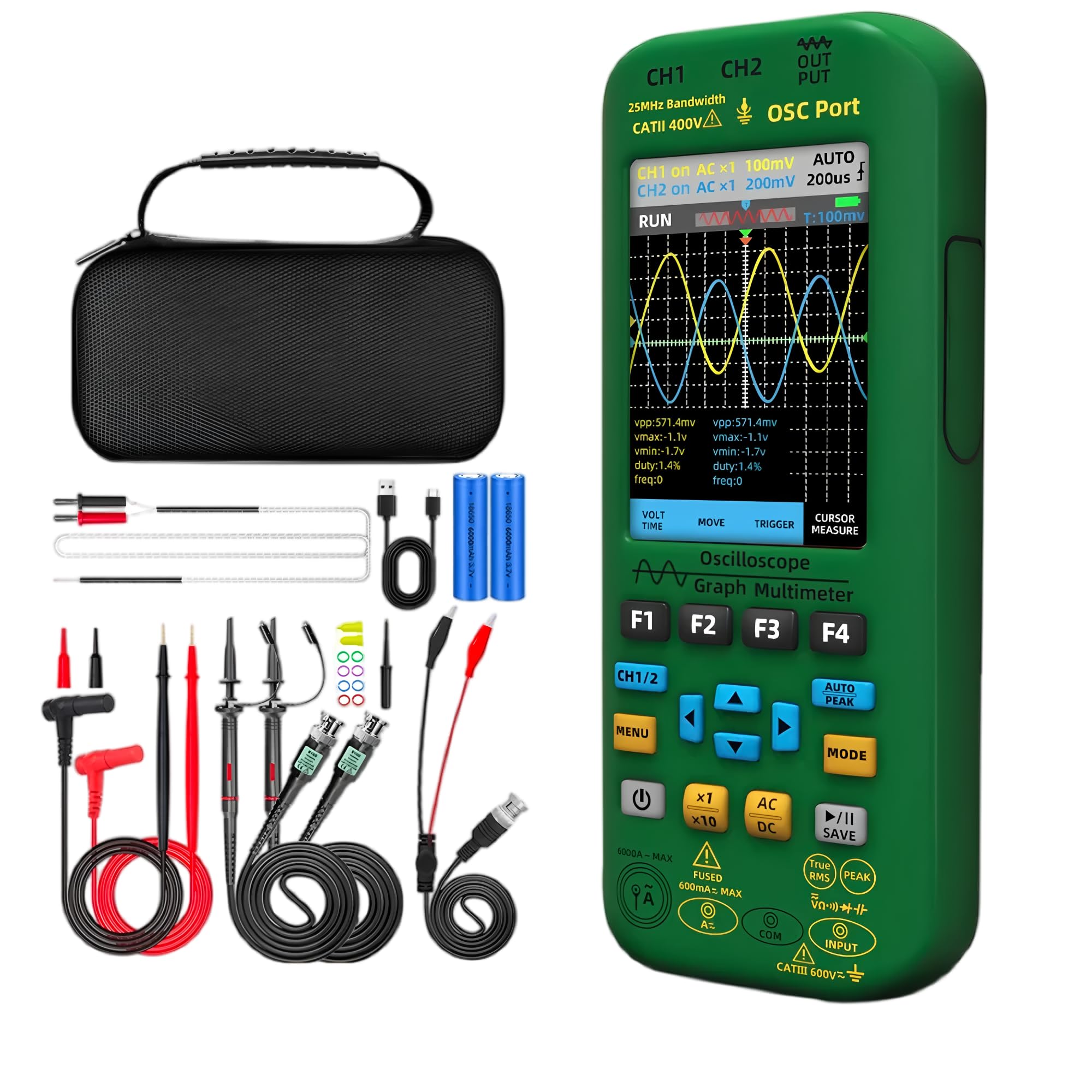 4 in 1 Tragbares Oszilloskop Digital Multimeter + Funktion Dual Channel Automatic Signal Generator Osciloscópio Tools Graftester Stromprüfer (O7 25 MHz)