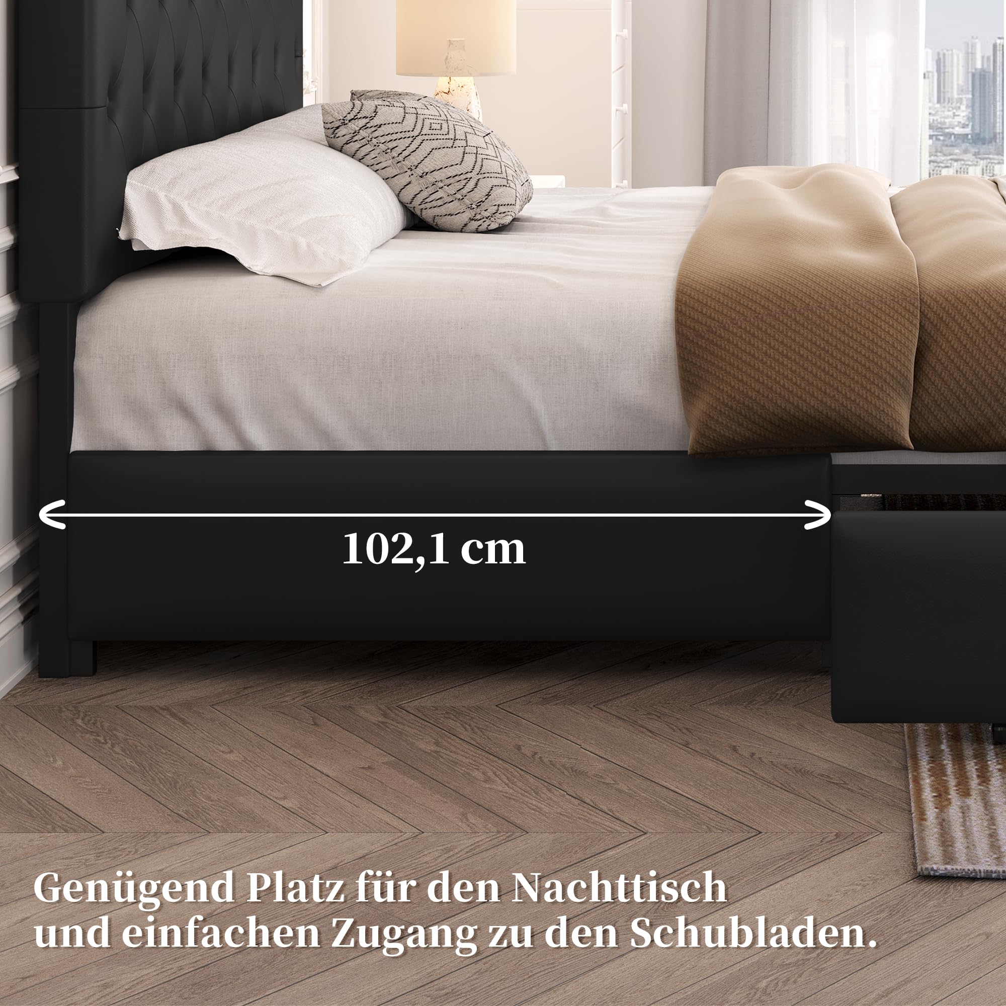 Yaheetech łóżko tapicerowane, 160 x 200 cm, łóżko podwójne, rama łóżka z 2 szufladami, łóżko młodzieżowe, zagłówek z regulacją wysokości, łóżka z miejscem do przechowywania, czarne