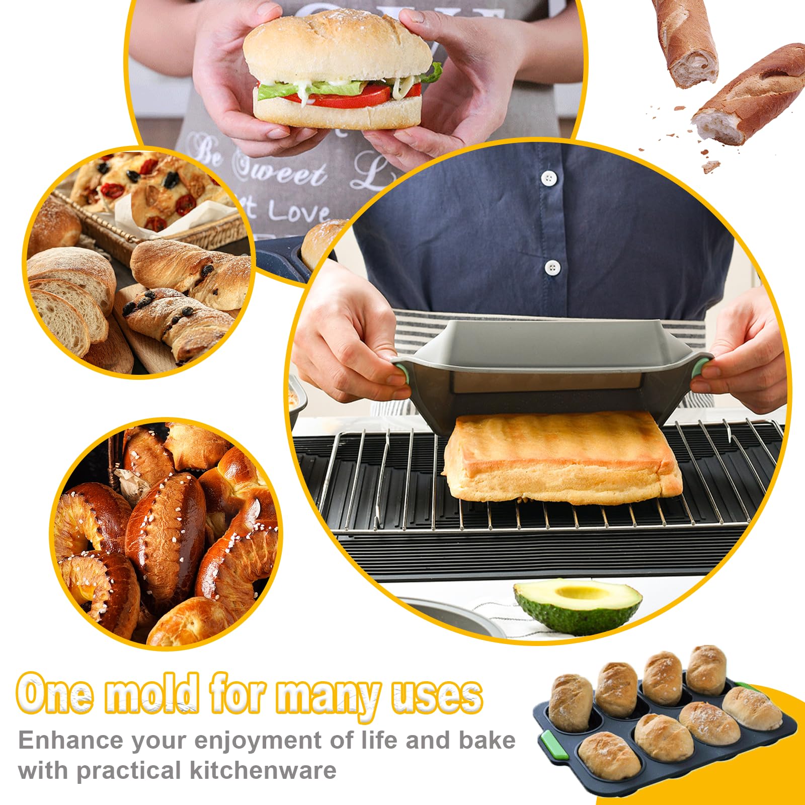 3 Pezzi Stampo Pane in Cassetta – Antiaderente e Stampo per Pane in Cassetta, Resistente al Calore Baguette per Baguette Pane Integrale Hot Dog – Lavabile in Lavastoviglie e Adatto Microonde