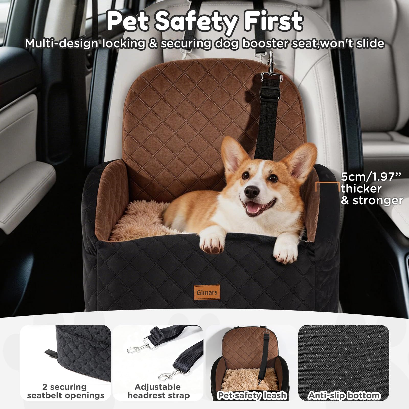 Gimars Réversible Siège Auto Chien Long & Court Peluche pour Petits/Moyens Chiens Jusqu'à 16kg, Amovible Lavable, Antidérapant, Panier Chien Voiture avec Mousse 28D 15cm, Ceinture De Sécurité, S-Brun