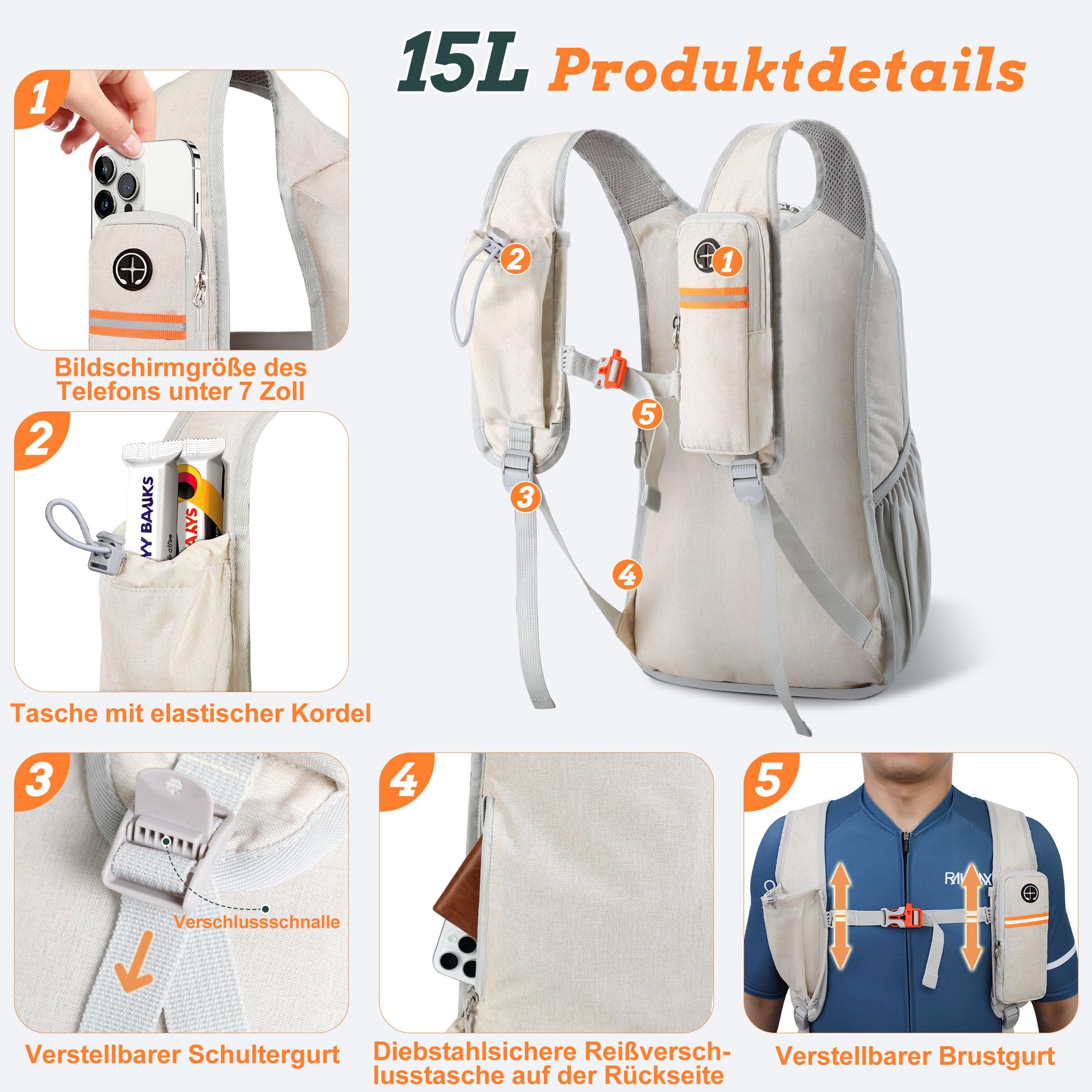 BECOJADDE 15L Wanderrucksack Herren Kleiner Rucksack Damen Leichter Daypack Tagesrucksack Faltbarer Trekkingrucksack für Camping Outdoor Wandern Travel Beige