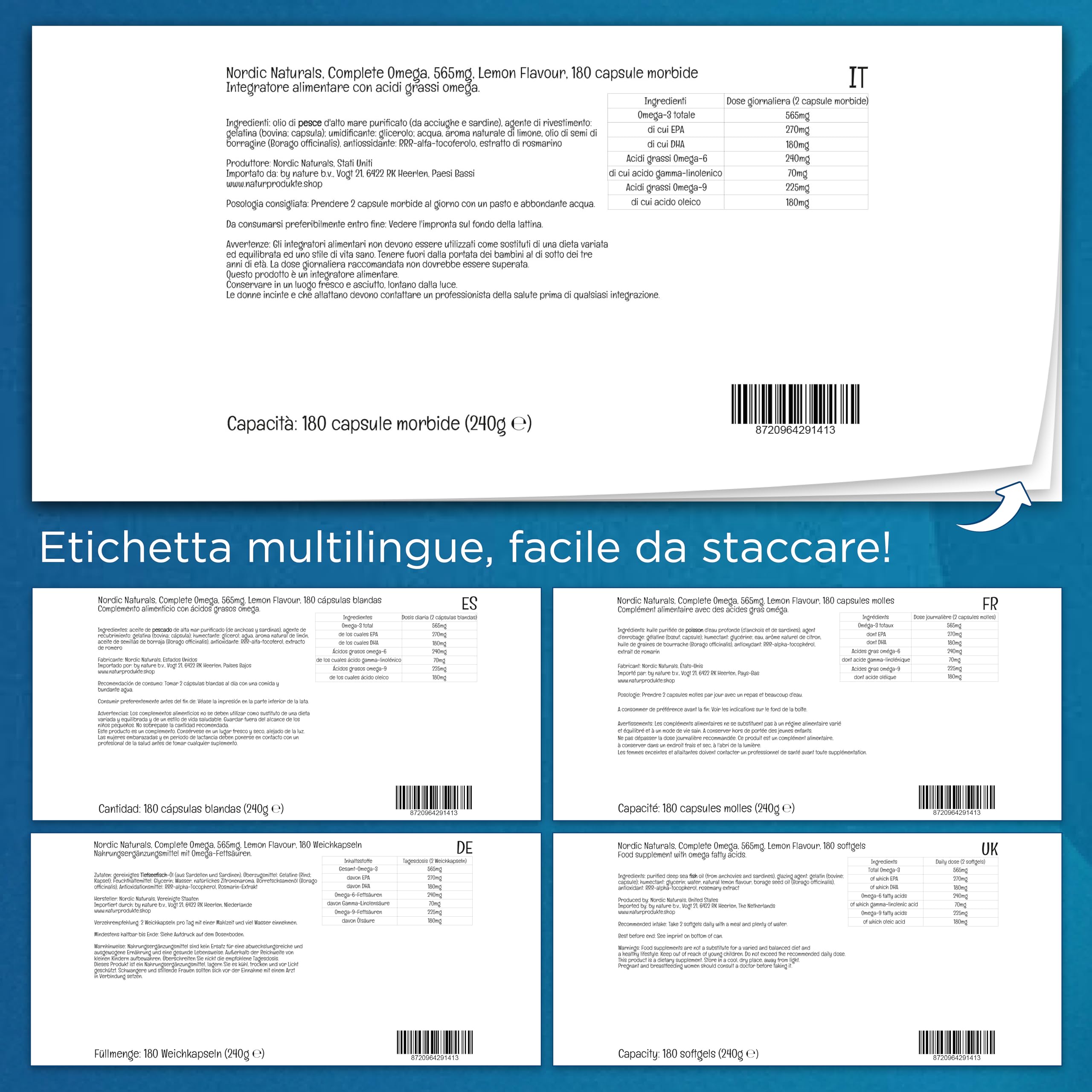 Nordic Naturals, Complete Omega-3, 565 mg, con Olio di Borragine e GLA, 180 Capsule molli, Gusto Limone, Testato in Laboratorio, Senza Soia, Senza Glutine, Non OGM
