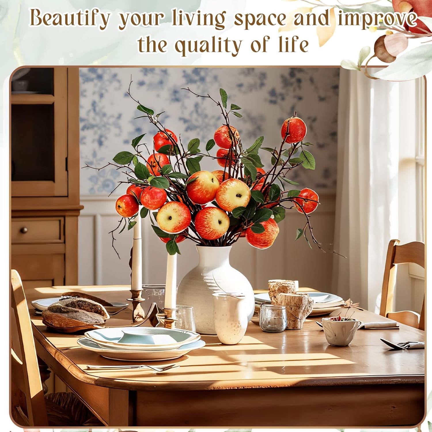 Daifunli 10 Pcs 17.72 Inches Artificial Fake Apple Branches Realistic Tall Apple Bouquets Tree Branch with Long Stem and Green Leaves Fruit Plant for Home Office Vase Filler Shop Decoration