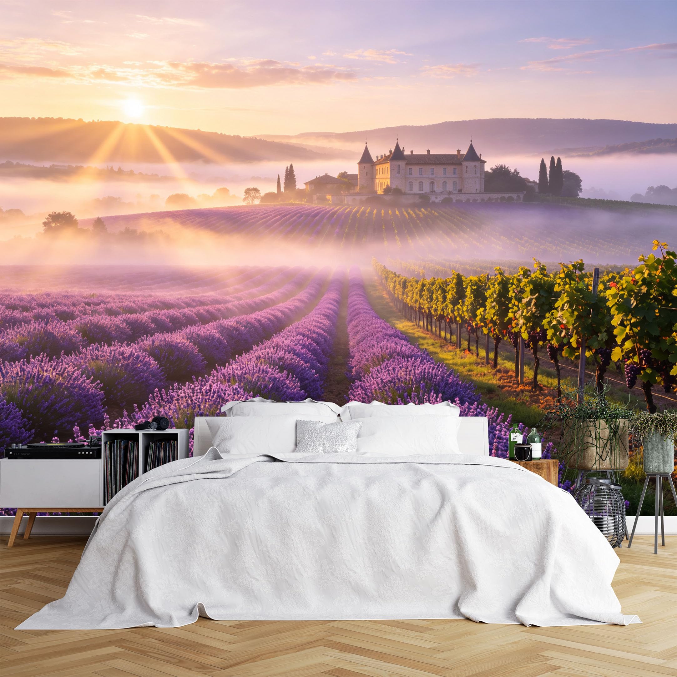 Custom Size Wall Murals Lavender Field Castle Vineyard at Sunrise Wallpaper, Wall Covering Fabric Self-Adhesive Removable Wallpaper for Living Room, Bedroom