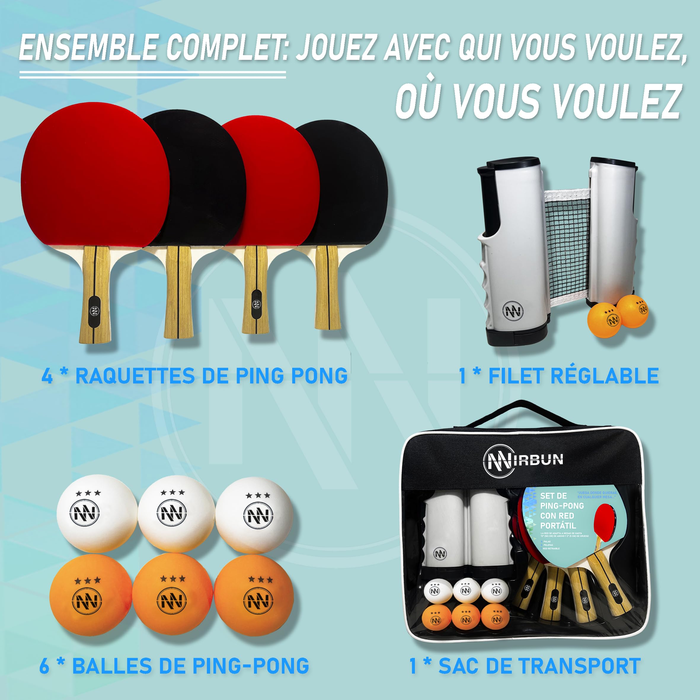Ensemble de ping-Pong avec Filet Extensible, Raquettes de ping-Pong Professionnelles, Balles de ping-Pong 3 étoiles, Filet de ping-Pong de Table réglable