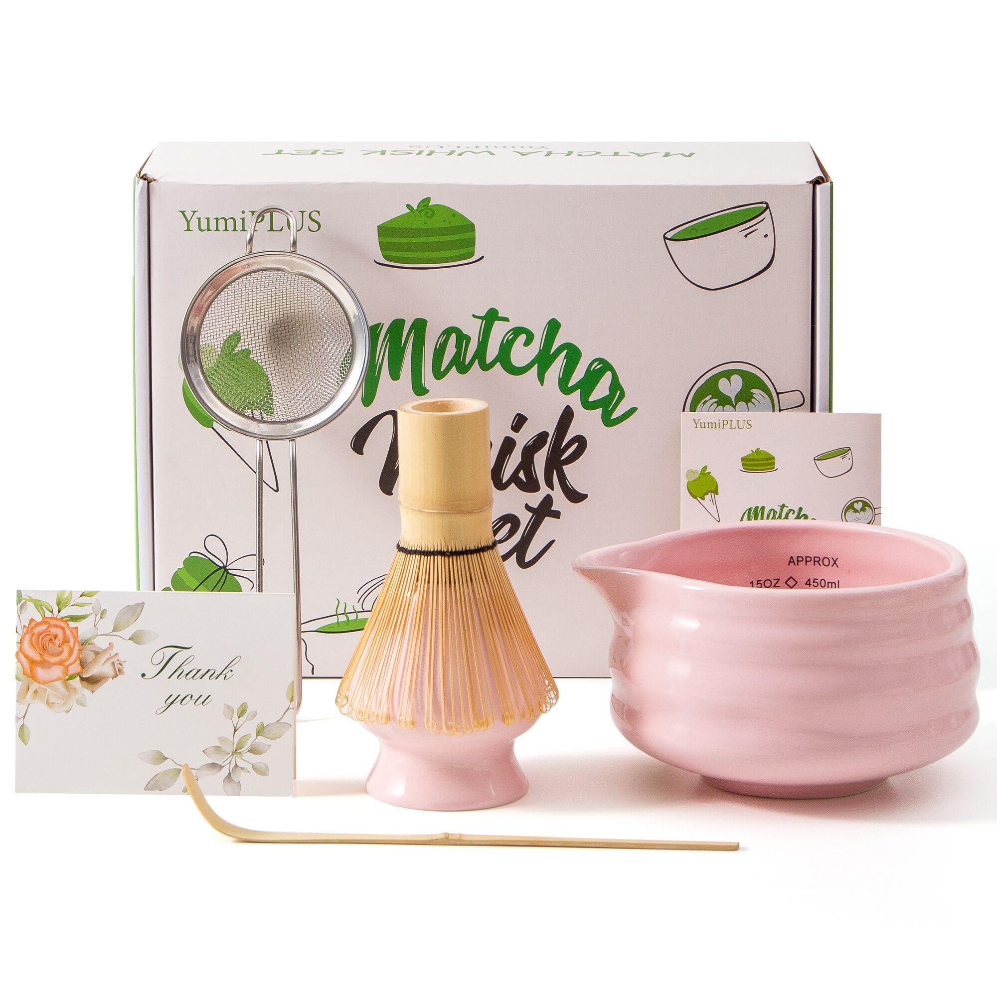 YumiPLUS 5pcs Premium Matcha Set Ceramic Bowl with Spout and Bamboo Whisk set Ceremonical Matcha Kit for breakfast
