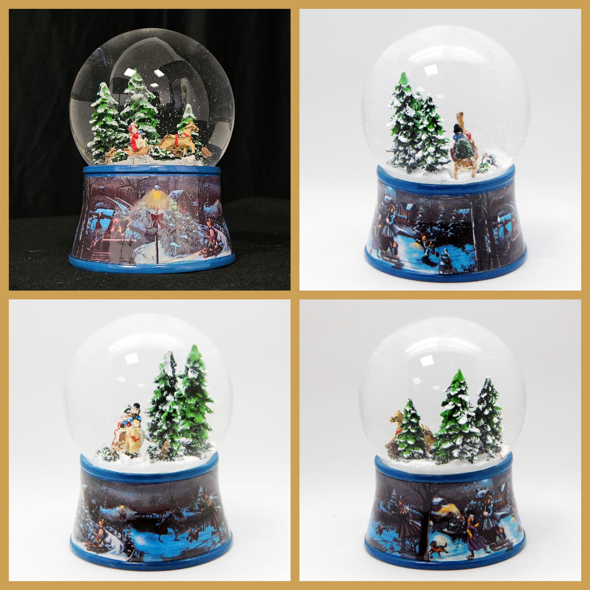 Schneekugel Weihnachten Spieluhr | Schlittenfahrt mit Christbaum | Sockel Winterlandschaft Eisläufer | Höhe: 140mm, Breite 100mm | mit Musik | Schüttelkugel mit Weihnachtsmelodie | 20091
