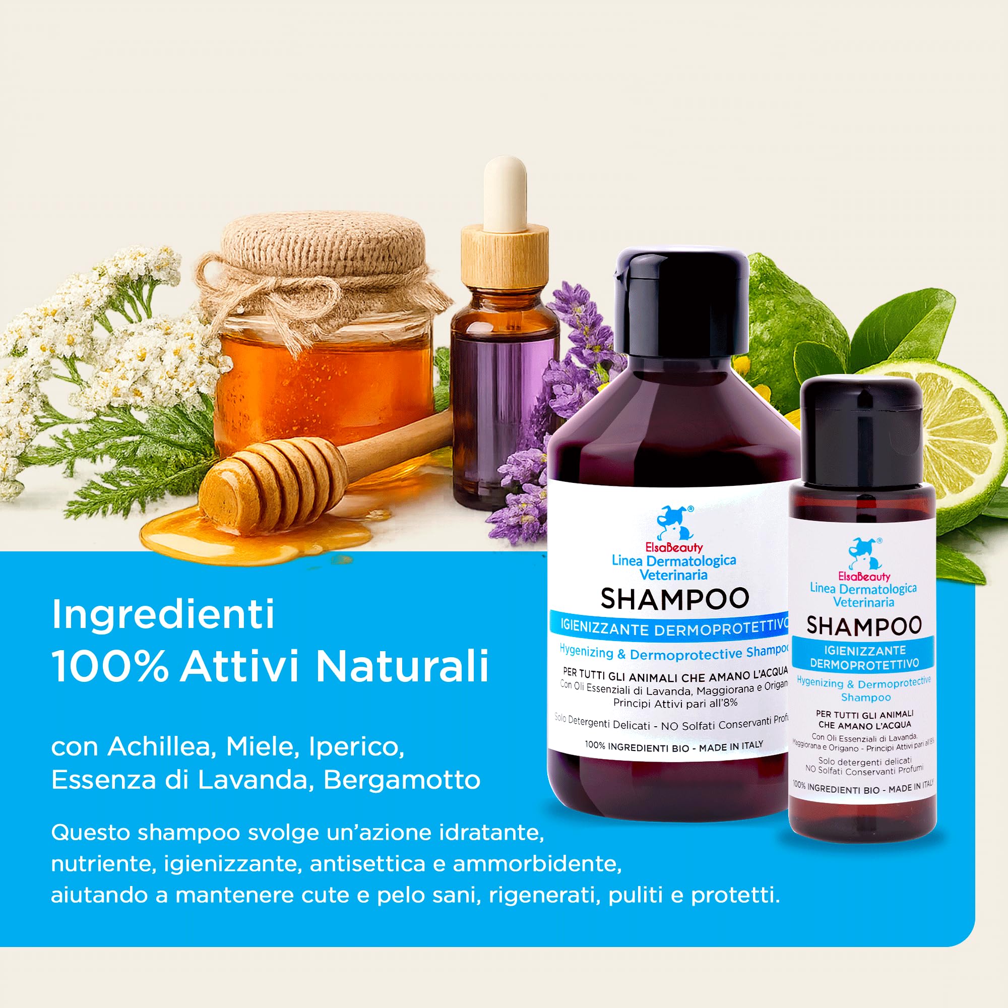 Shampoo Igienizzante Dermoprotettivo per Cani e Gatti, Cute Sensibile e Dermatite, 100% Attivi Naturali,