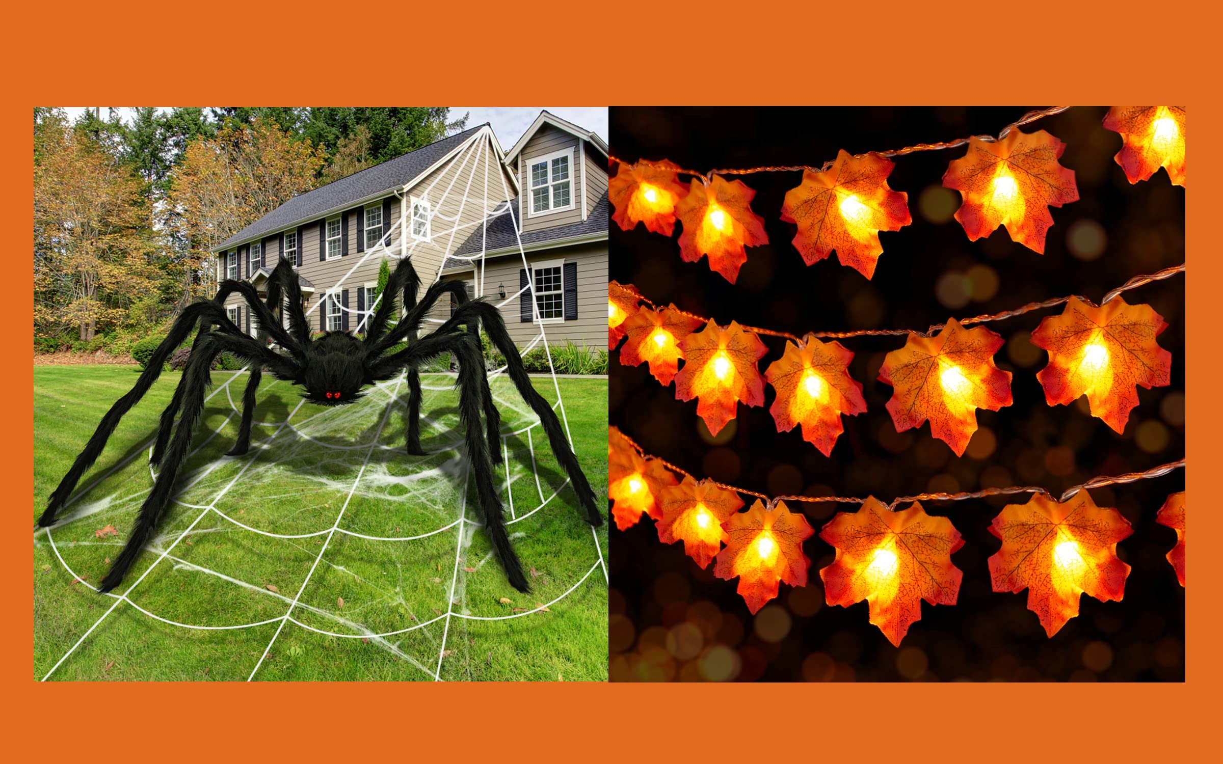 WEHVKEI 2 Pack 10Ft 20 Led Fall Lights + 78.7" Giant Spider + 200" Halloween Spider Web Scary Halloween Decorations