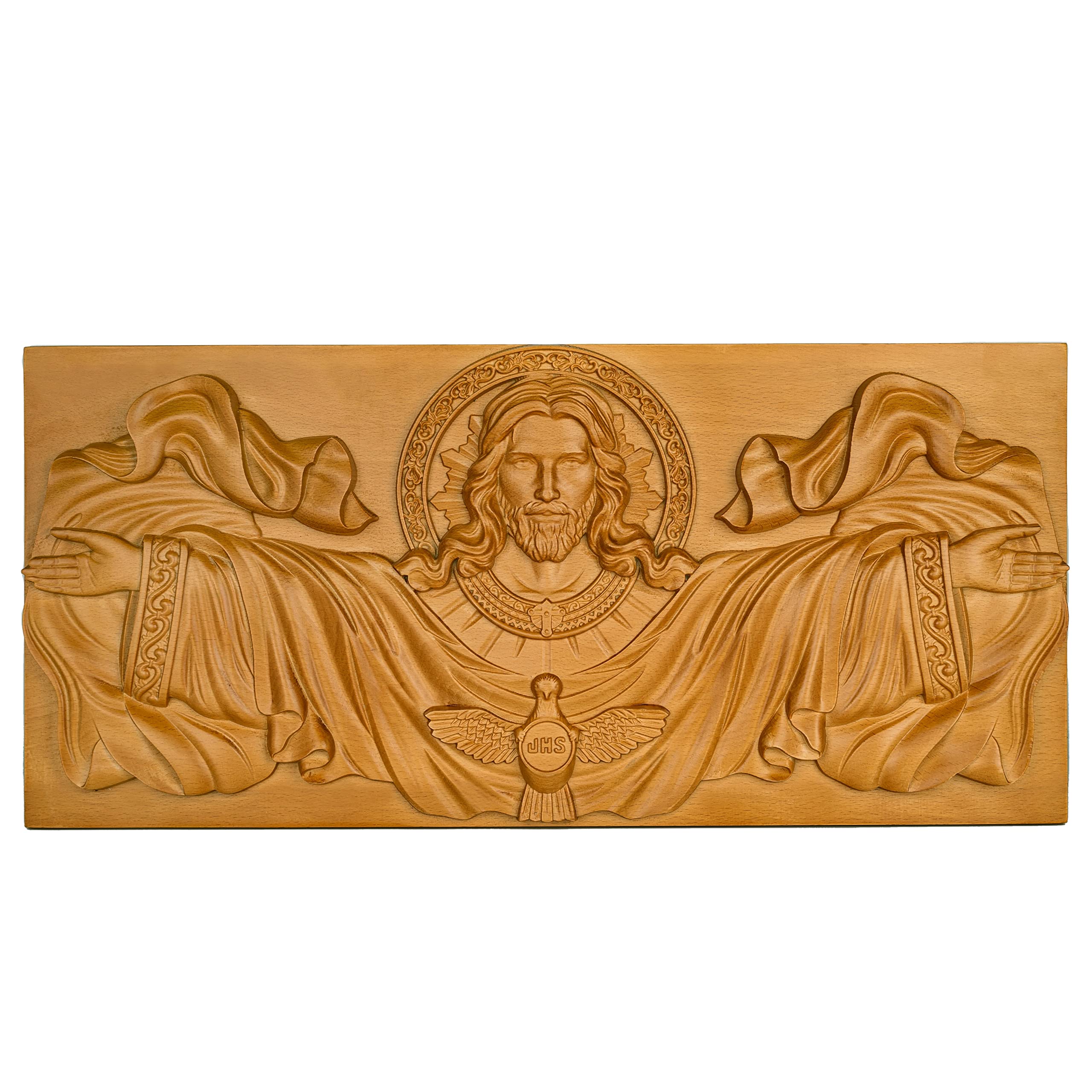 BGCOPPER22.75" Jesus Christ, Holy Spirit Wood Carving, Christian Catholic Wall Decor, Savior Plaque (Wood color)