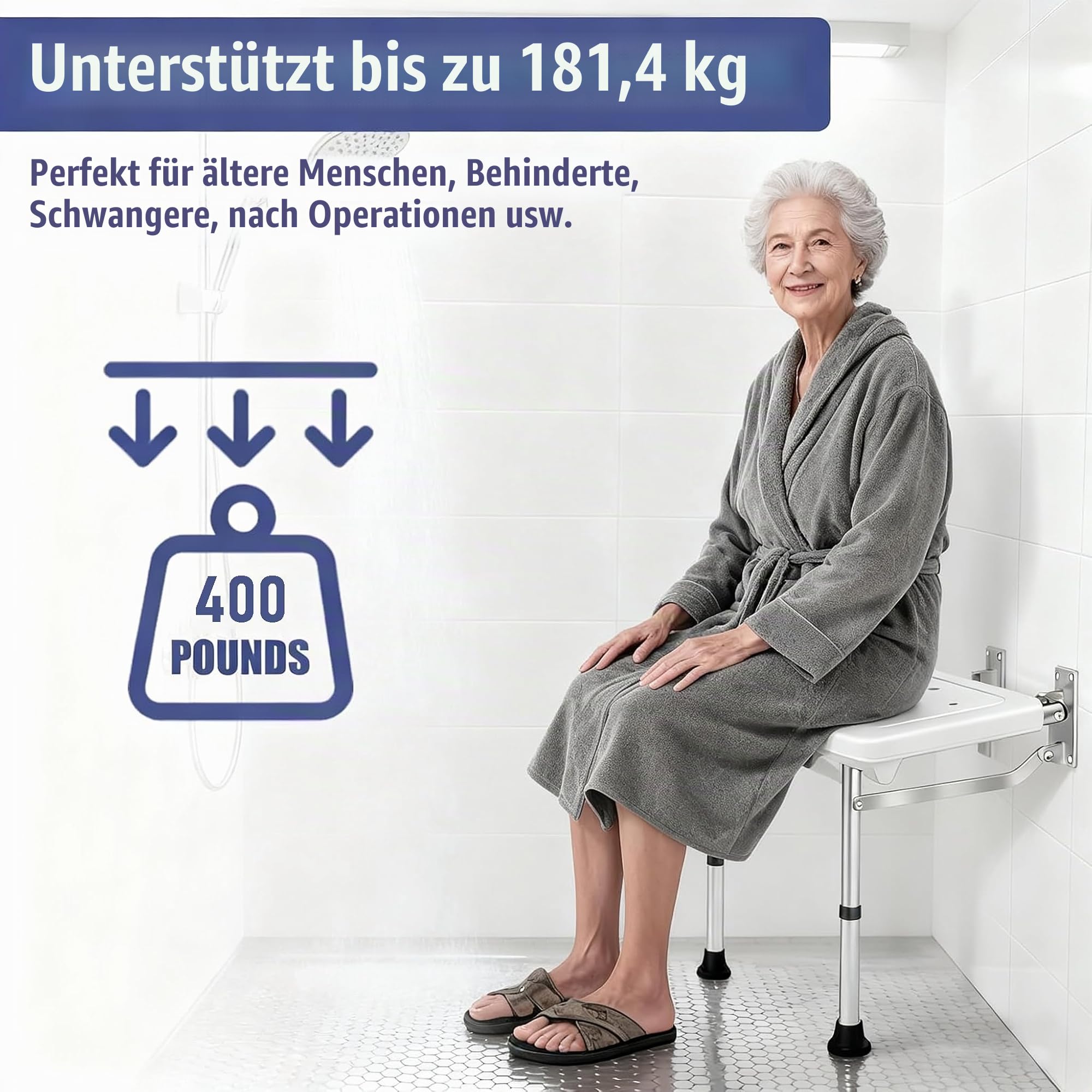 Duschsitz Klappbar Wandmontage, Klappsitz Dusche mit Rutschfesten Stützfüßen, Ablauflöcher, Hohenverstellbar Duschstuhl bis 180 KG, Duschklappsitz für Ältere Menschen, Schwangere, Behinderte