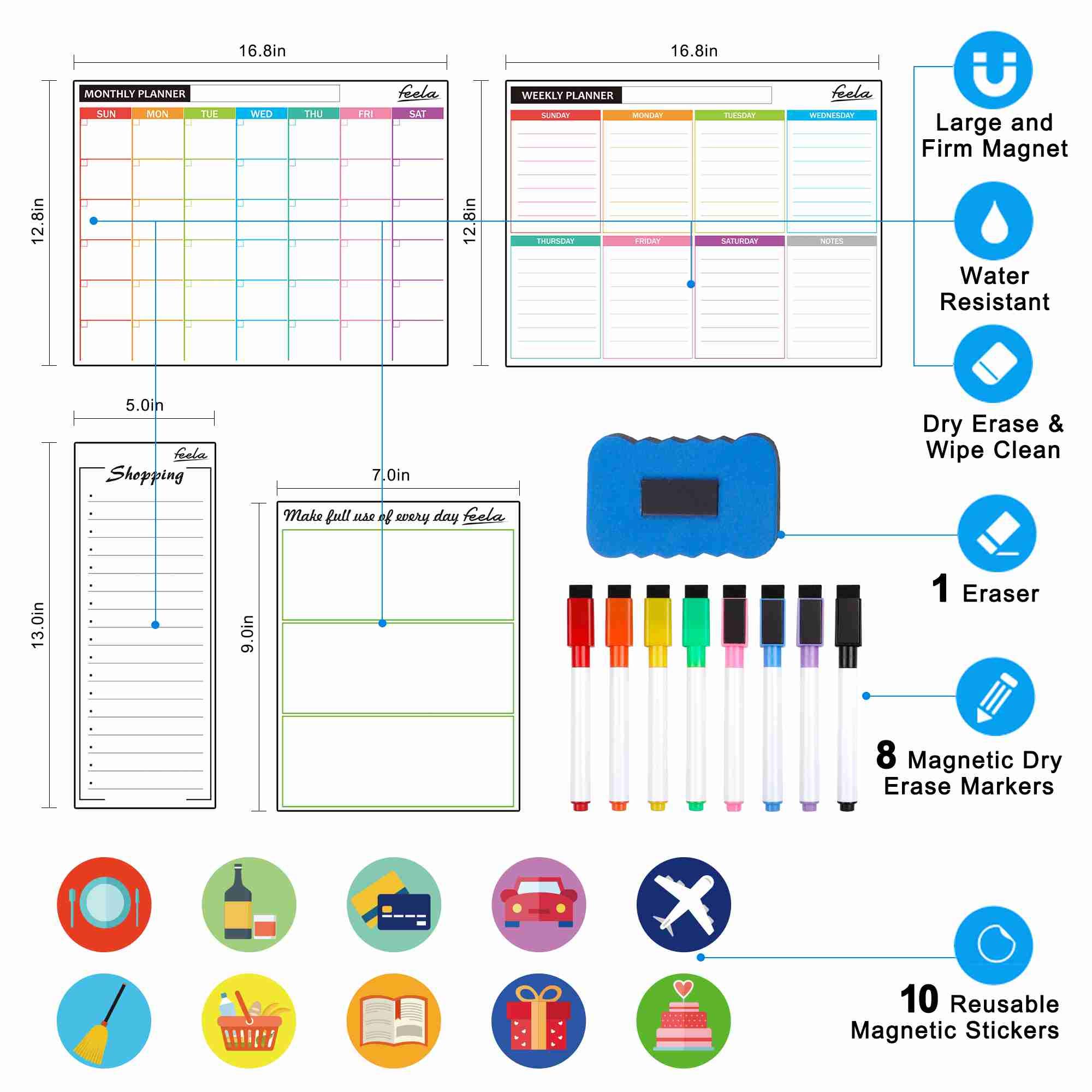 4 Pack Dry Erase White Board Calendar Kit, Feela 2022 Monthly