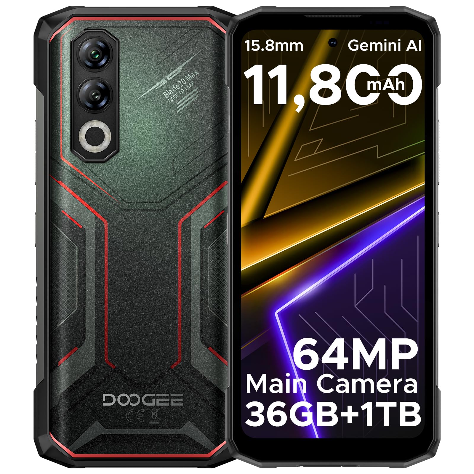DOOGEE Blade 20 Max Rugged Smartphone, 36GB RAM+1TB ROM(2TB TF) Telefono Indistruttibile, 11800mAh/33W, MTK Helio G100 Octa Core, 6.6" 120Hz, 64MP+20MP+16MP, Android 15/NFC/4G Dual SIM/Face ID
