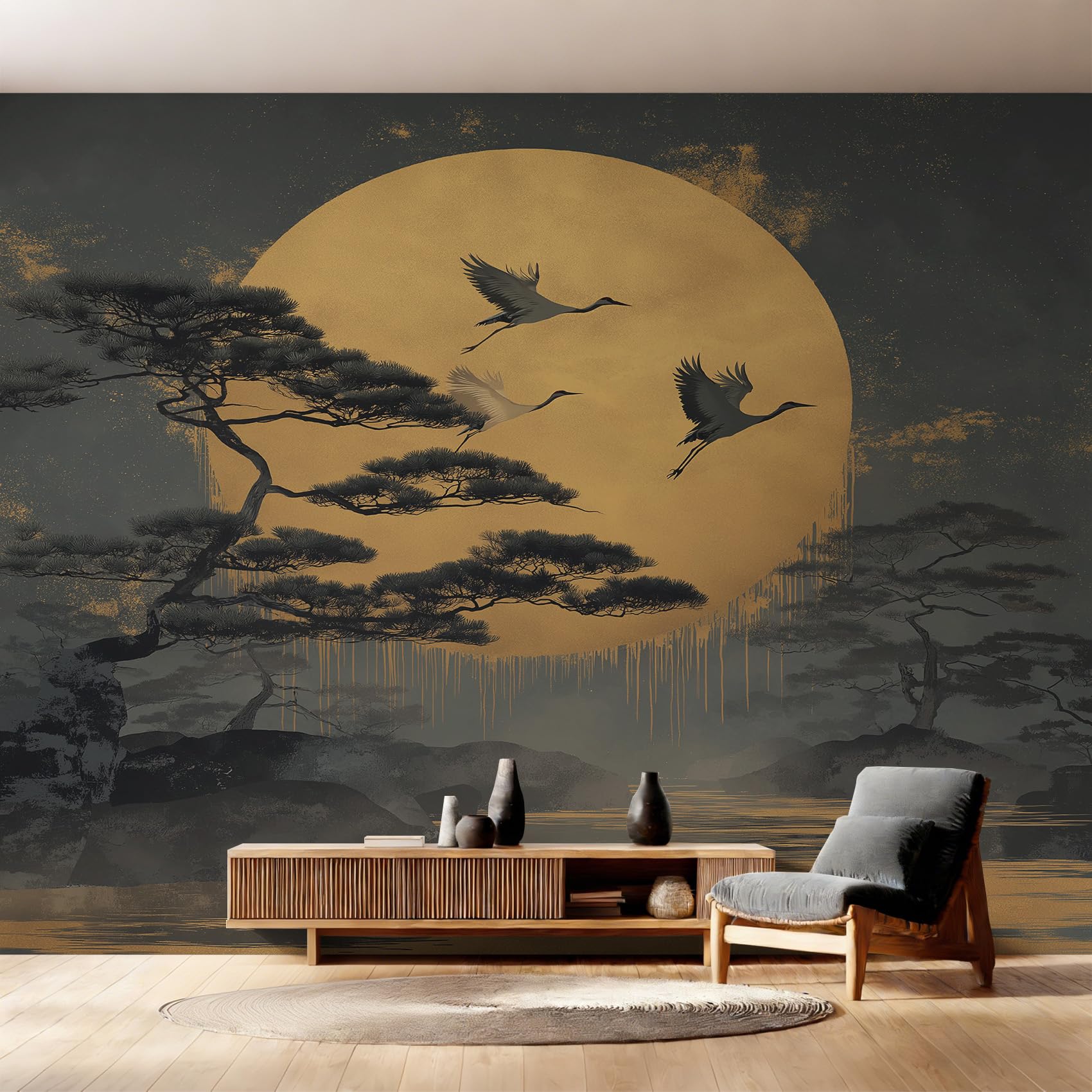 Oriental Japanese Wallpaper - Pine Tree Crane Wall Mural 450x315 cm (W x H), Non-Woven Photo Wallpaper Mural for Bedroom, Living Room, Hallway, Home Decor Y&W60