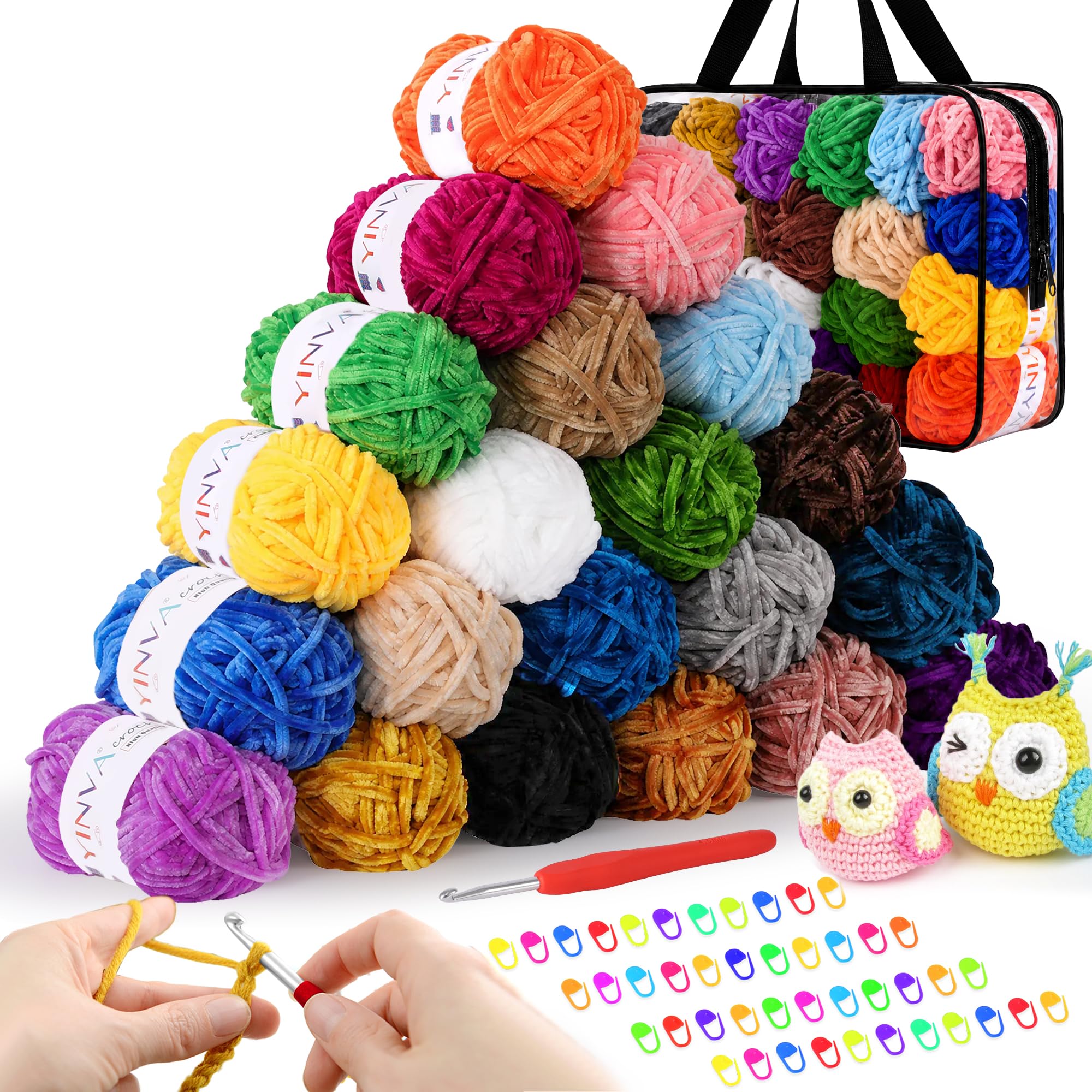 YINVA Chenille Yarn Chunky 21 Vibrant Colours for Enthusiasts, Velvet Yarn for Relaxing, No Shed Plush Yarn with Hook Stitch Markers and Handbag, Chenille Wool for Clothes, Blankets, DIY