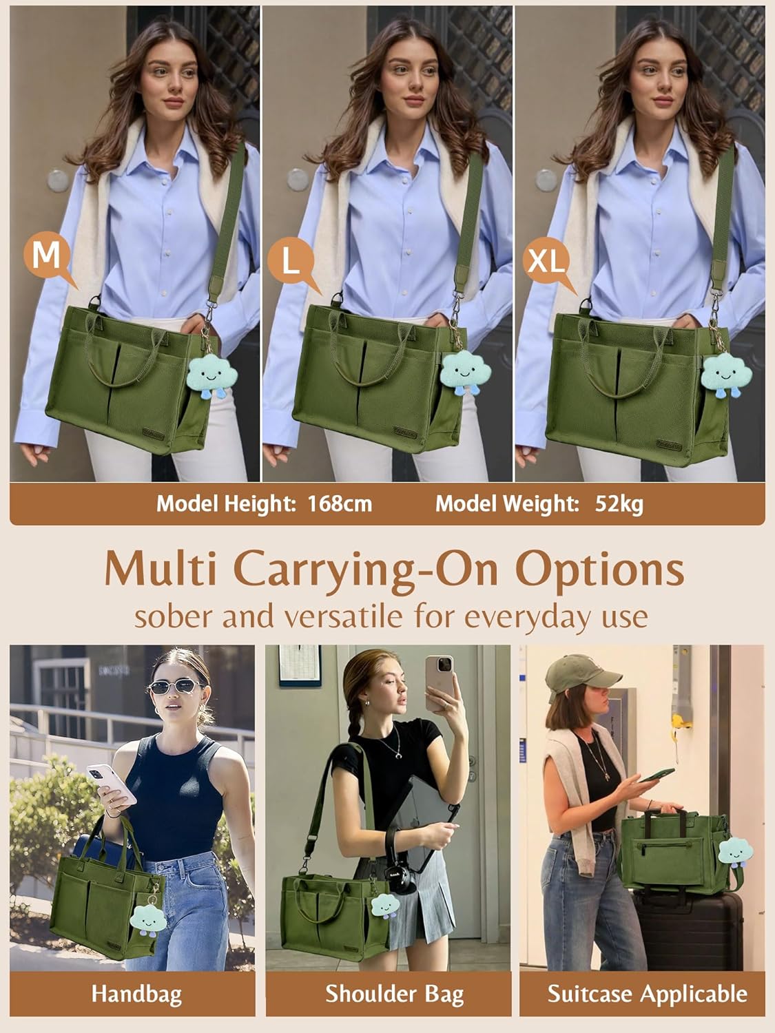 BESBESME Canvas Tote Bag for Women with Zipper & Compartments– Large Work & College Laptop Tote Crossbody Shoulder Bag - Image 2