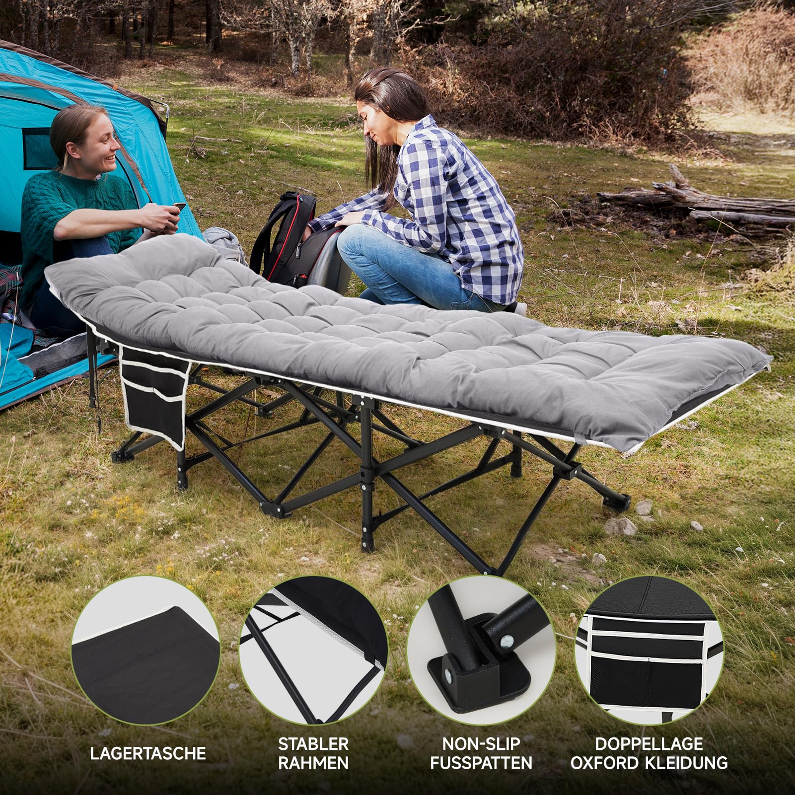 Warmiehomy Cama plegable XXL con colchón para adultos, cama de invitados plegable, extra ancha, resistente, cama de camping con bolsillo lateral, bolsa de transporte, camas para exteriores, camping