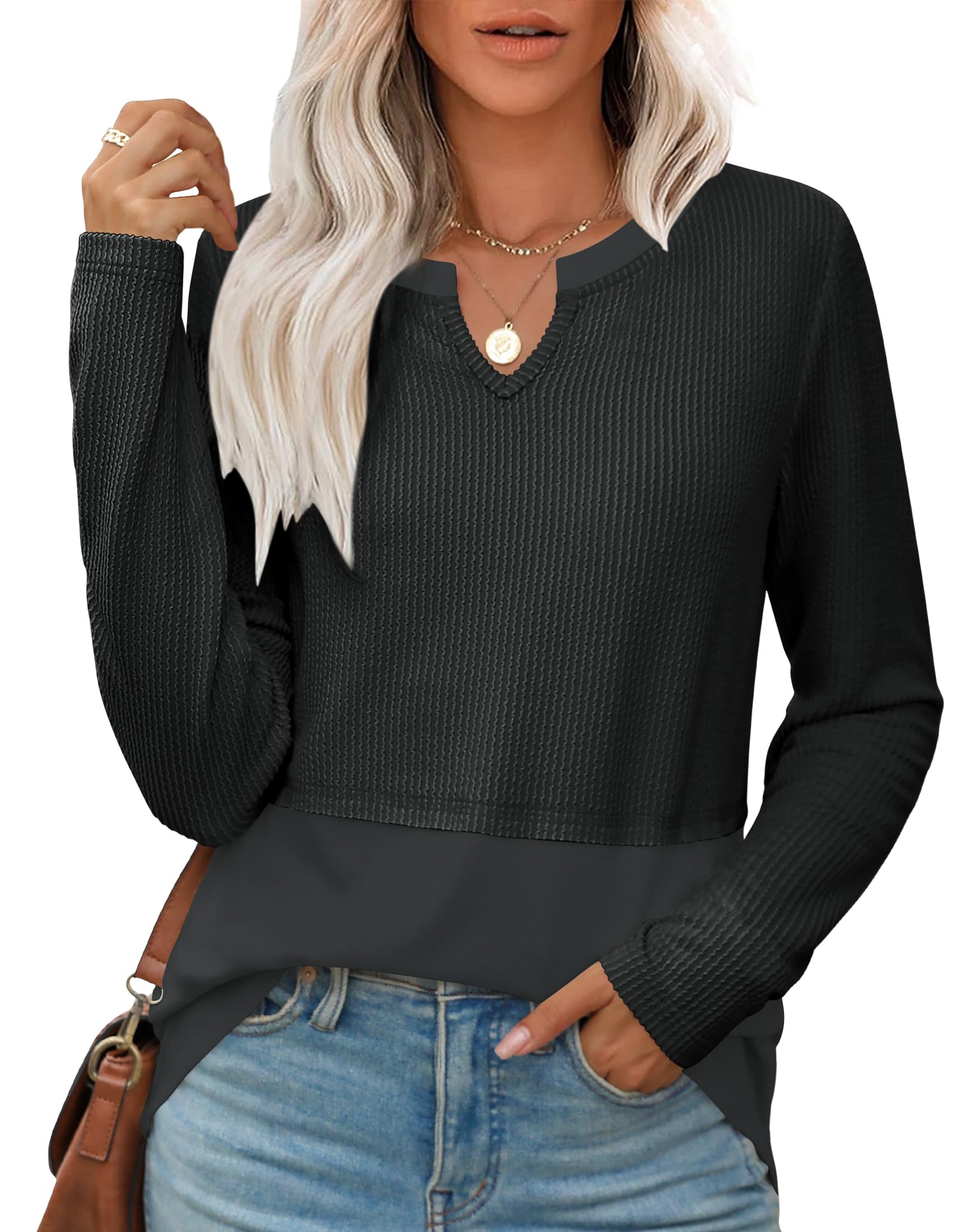 YZEGGO Womens Long Sleeve Shirts Casual V Neck Knitted Tops Loose Fit Pullover Fall Clothes 2024 Trendy Outfits